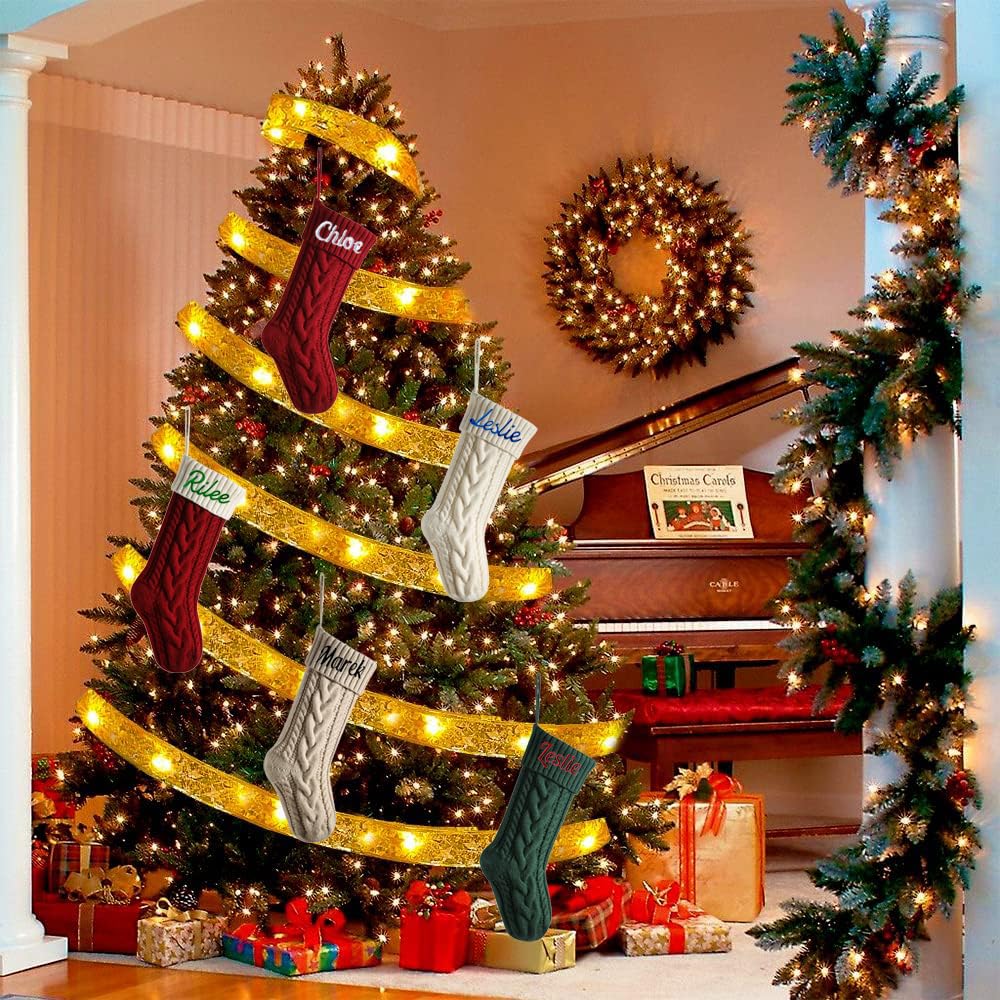 5 calcetines de Navidad personalizados con cinta de luz de Navidad, calcetines de Navidad con nombre bordado personalizado, calcetines de Navidad de 18 pulgadas grandes para colgar para niños
