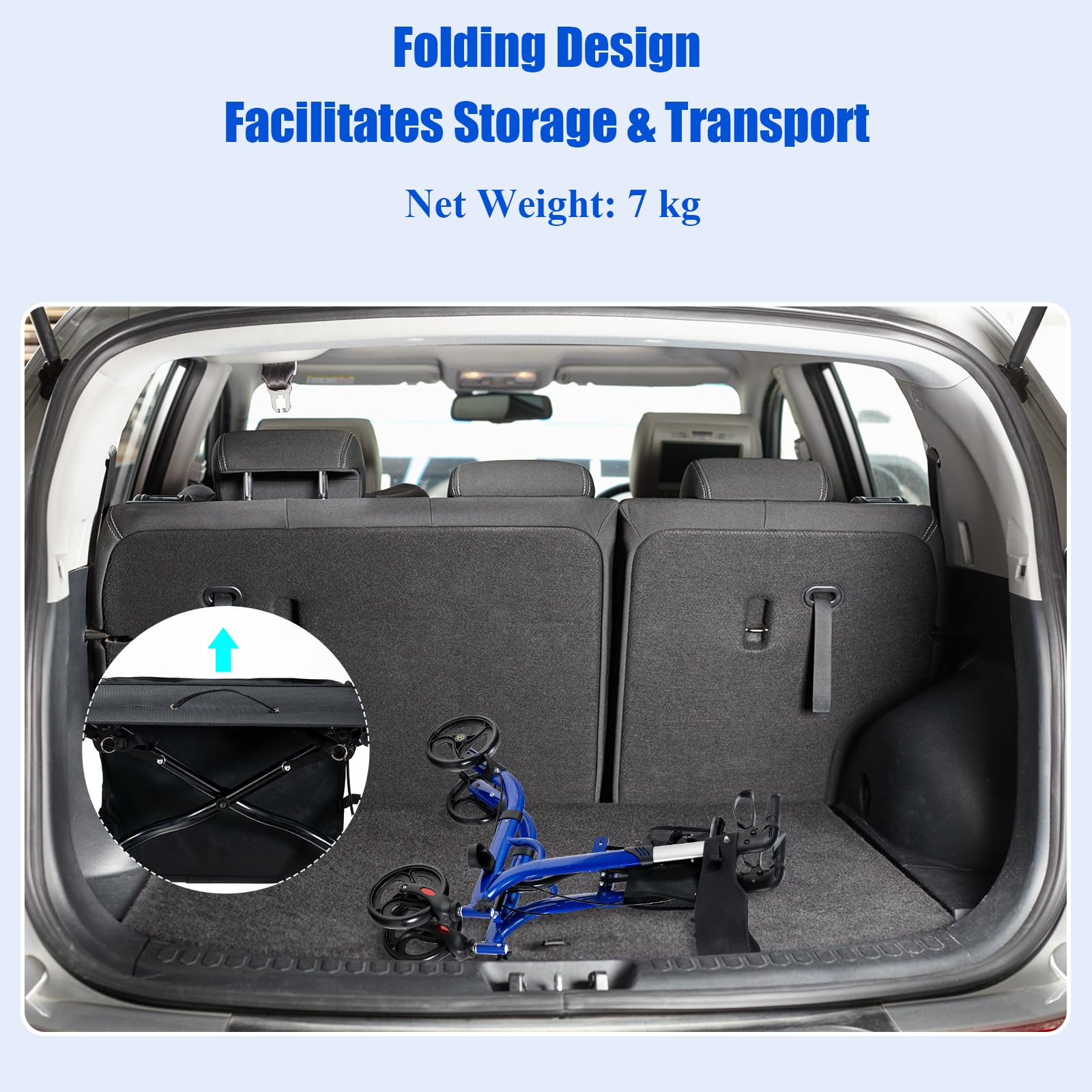 HOMASIS Andador plegable y ligero, con asiento y ruedas, Manijas ajustable, Rollator con sistema de doble freno, Bolsa de Almacenamiento, Aleación de aluminio hasta 150kg, 79,5x61,5x83-96cm (Azul)