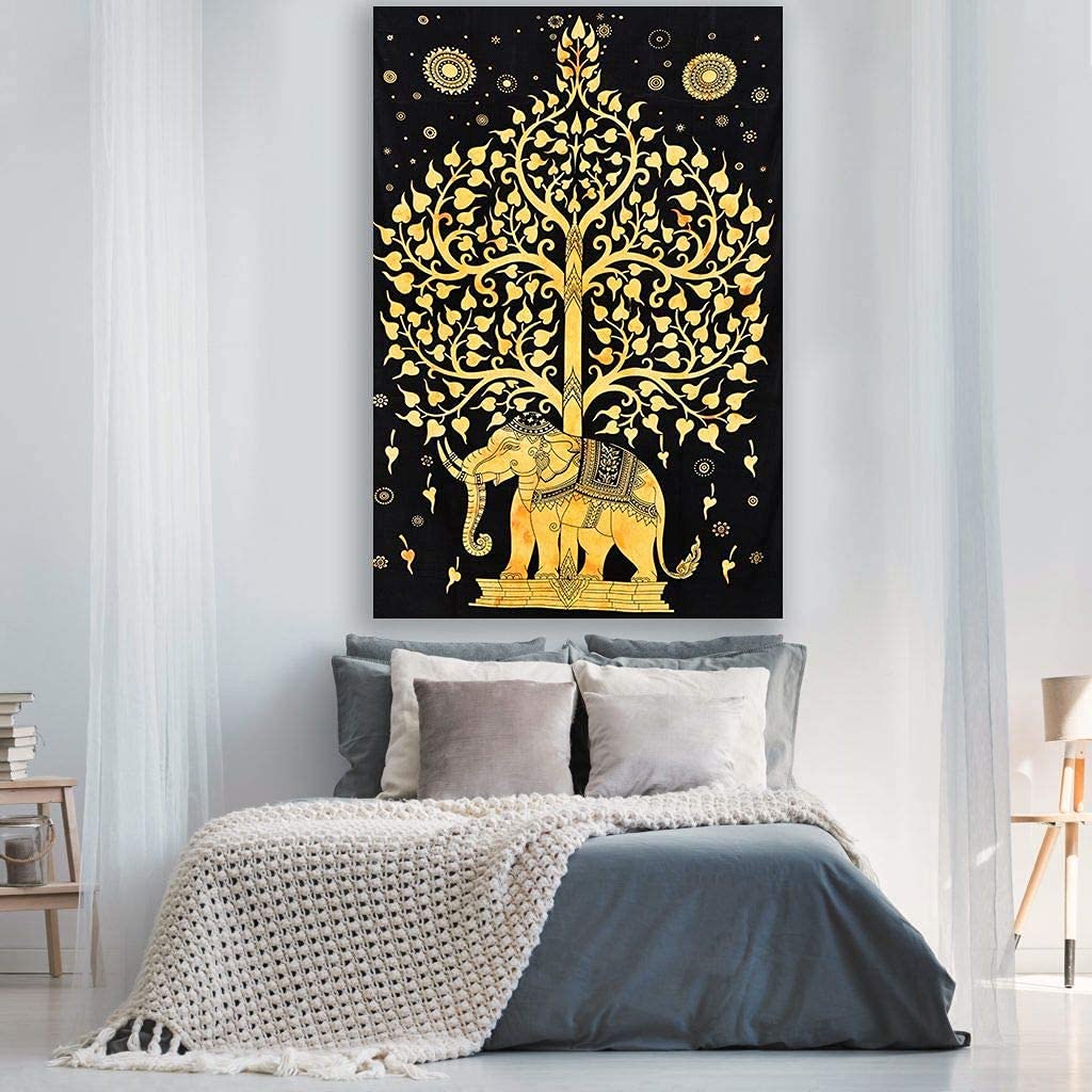 AVA Collections Tapestry Multicoloured Wall Hanging Psychedelic Tapestries Indian Cotton Poster Picnic Sheet Wall Decor Blanket Wall Art Hippie Bedroom Décor (Yellow, Elephant and Tree)