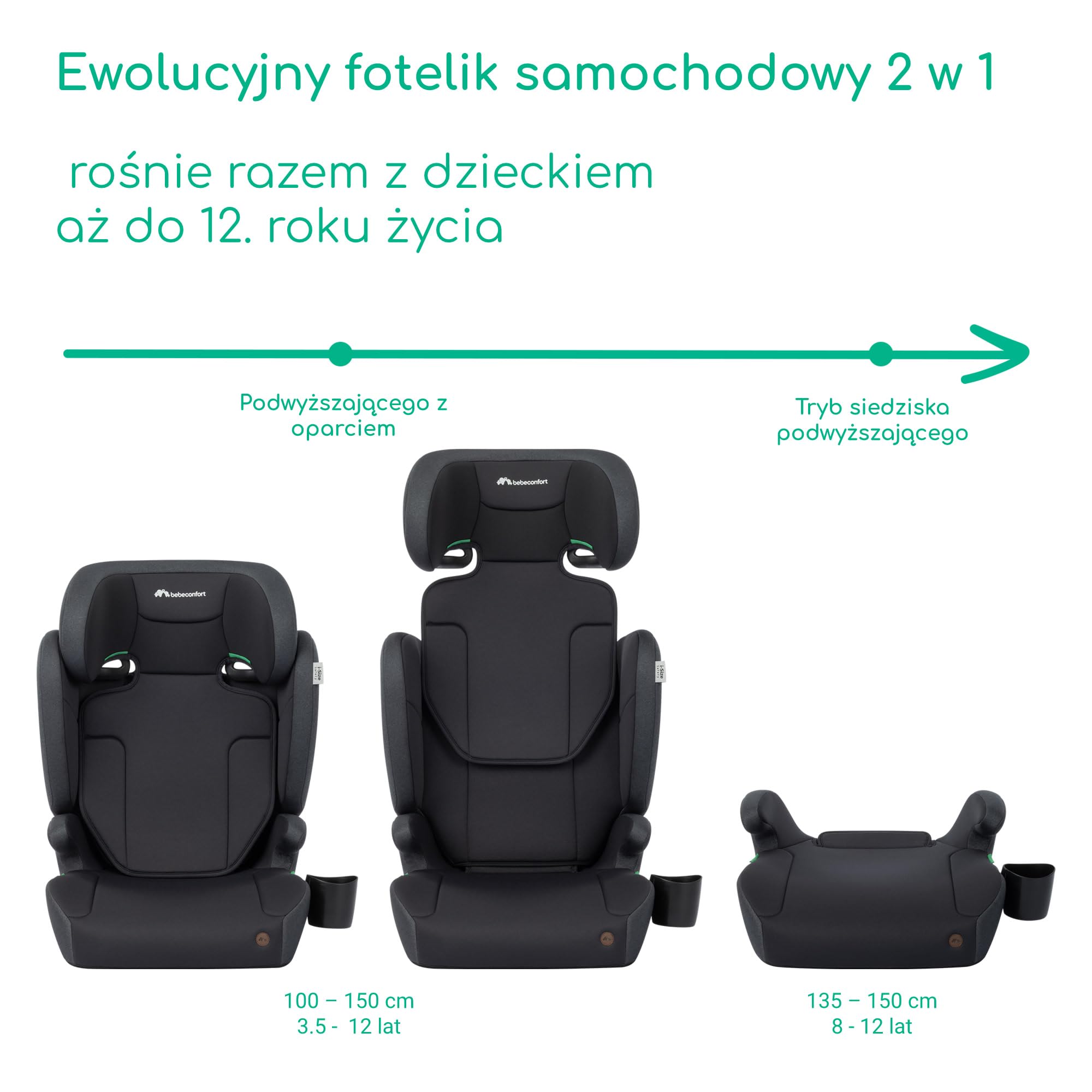 Bebeconfort Ride 2-in-1 i-Safe, Fotelik Samochodowy, 3,5-12 Lat (100-150 cm), Fotelik na Pasy, Wyjmowane Oparcie, Lekki (3,4 kg), 11 Pozycji Zagłówka, Uchwyt na Kubek, Full Black