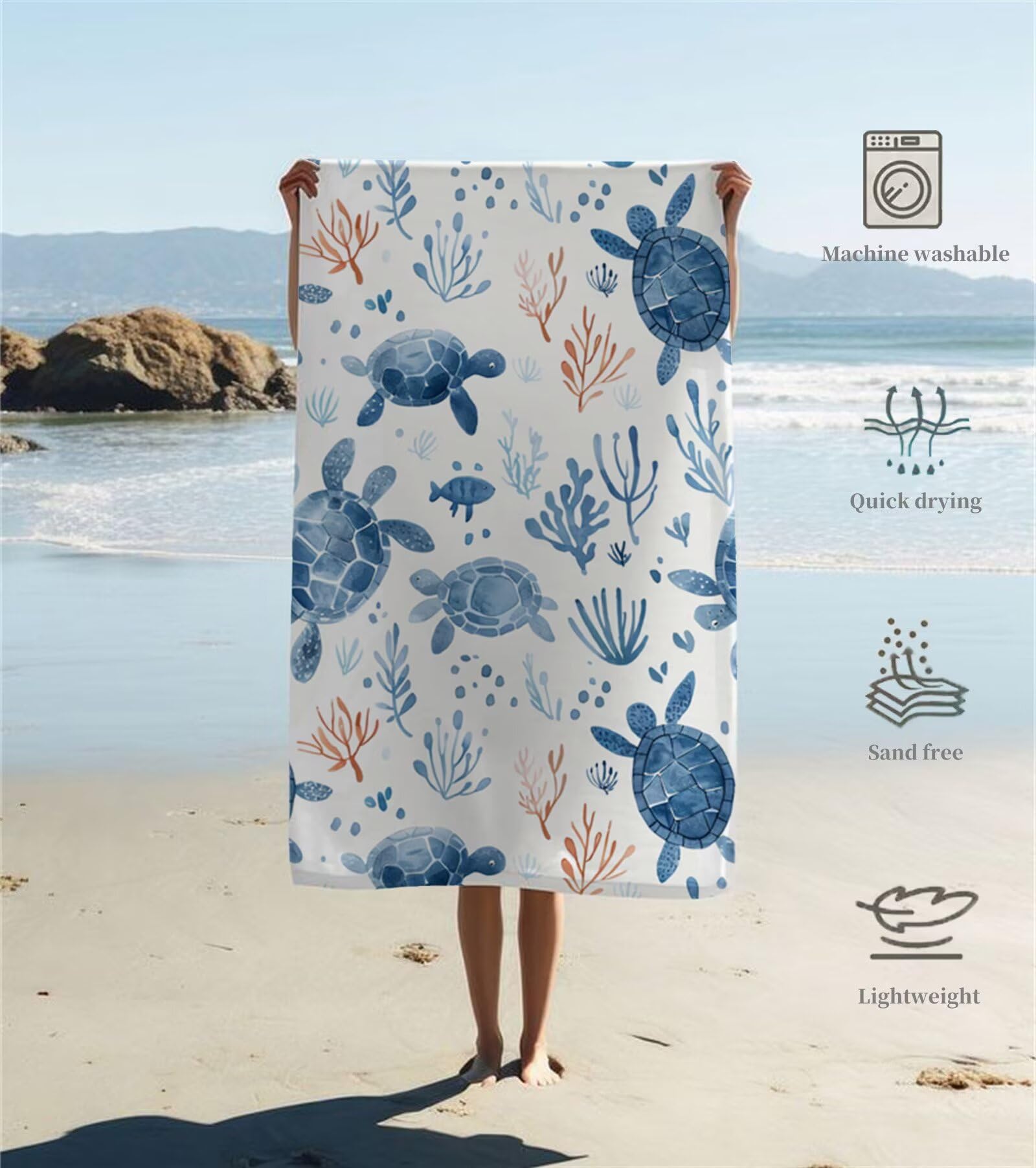 Duży ręcznik z mikrofibry XXL 220 x 100 cm ręcznik plażowy koralowy żółw ręczniki gimnastyczne szybkoschnące cienkie i kompaktowe ręczniki kąpielowe z torbą, ręcznik plażowy odporny na piasek dla