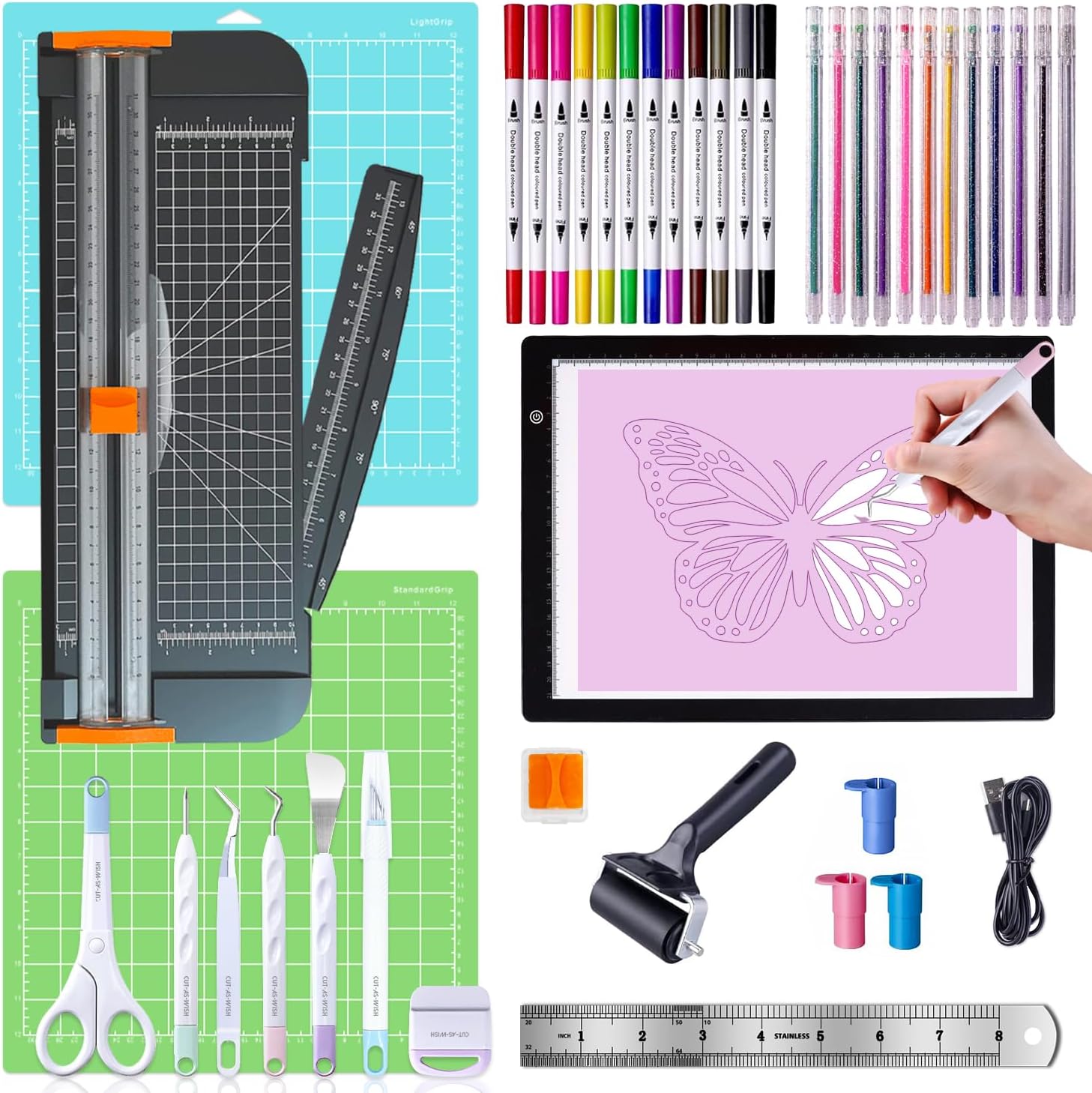 Cutaswish The Essential Bundle for DIY Craft Projects – Accessories Tool Set for Cutting Machine, Craft Kit with Weeding Tools, LED Light Pad, Paper Cutter, Cutting Mats, Brayer Roller