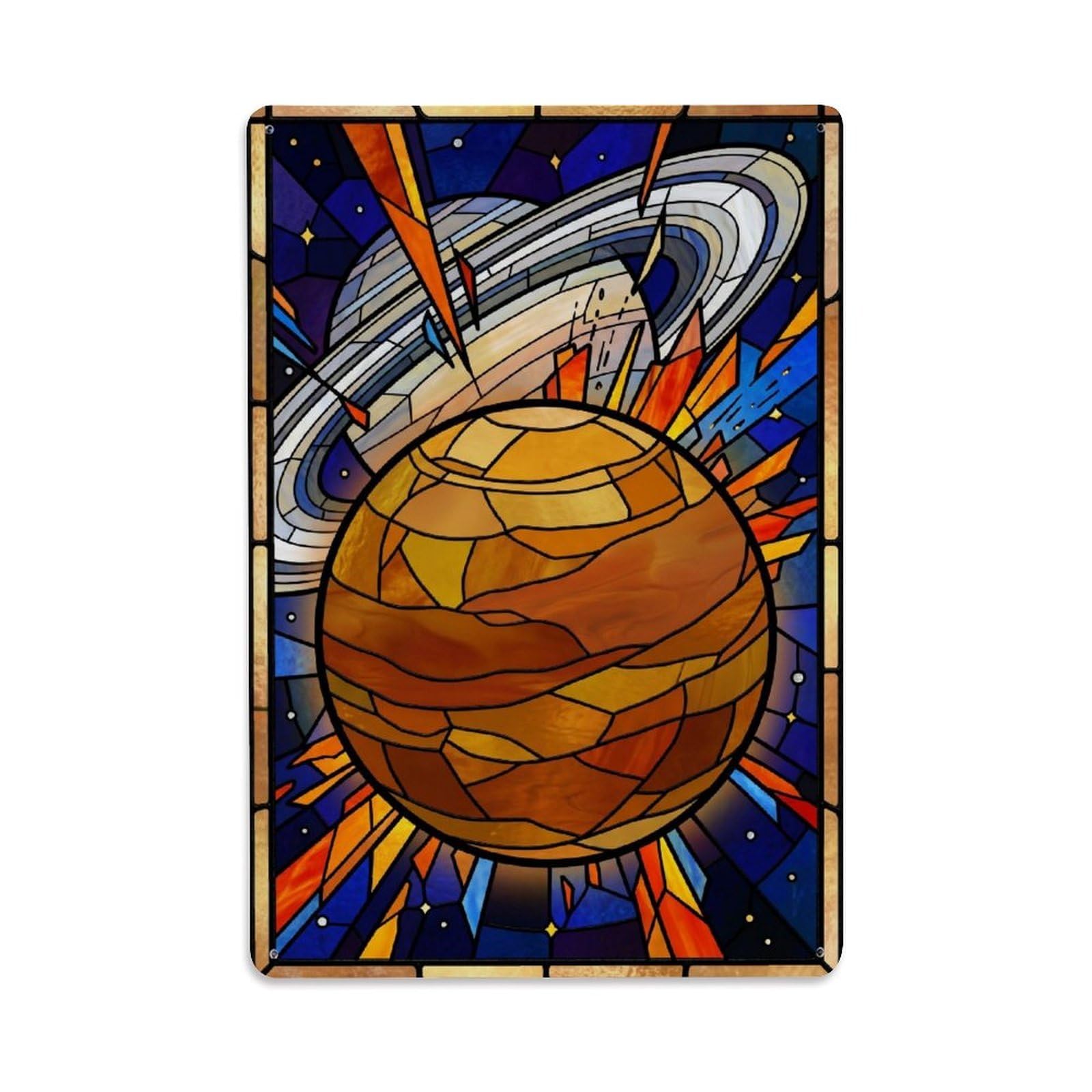 Okngb Style Cosmic Ringed Planet Saturn Orbit Galaxy Space Surreal Metal Tin Sign Plaque Wall Decor For Cafe, Man Cave, Club Bar, Office, Home Garden Round Metal Poster 8X12inch