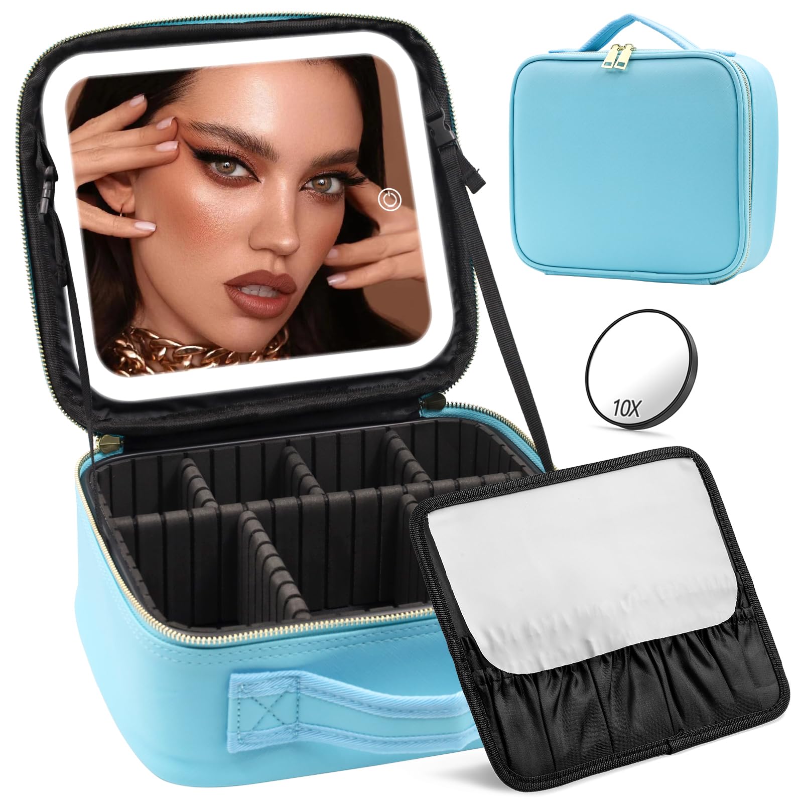 Travel Makeup Bag with Mirror and Lights, Makeup Case with Lighted Mirror 3 Color Lights Adjust Brightness, Travel Cosmetic Case Makeup Organizer Bag with Adjustable Dividers & Brushes Holder(Blue)