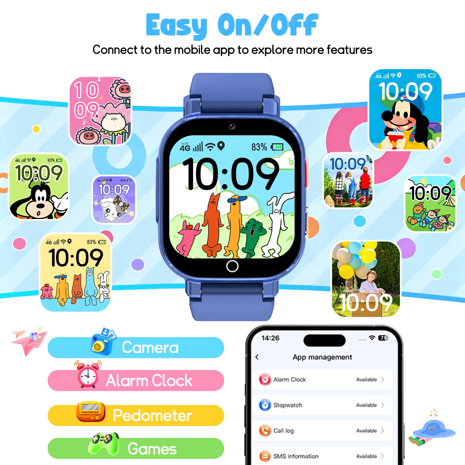 4G Montre Connectée Enfant, Smartwatch Téléphone pour Filles Garçons avec GPS Appel Vidéo SOS WiF Chat Vocal SMS Mode Classe Révei Podomètre Montre Intelligente Enfants Cadeau 4-12 ans，Bleu clair