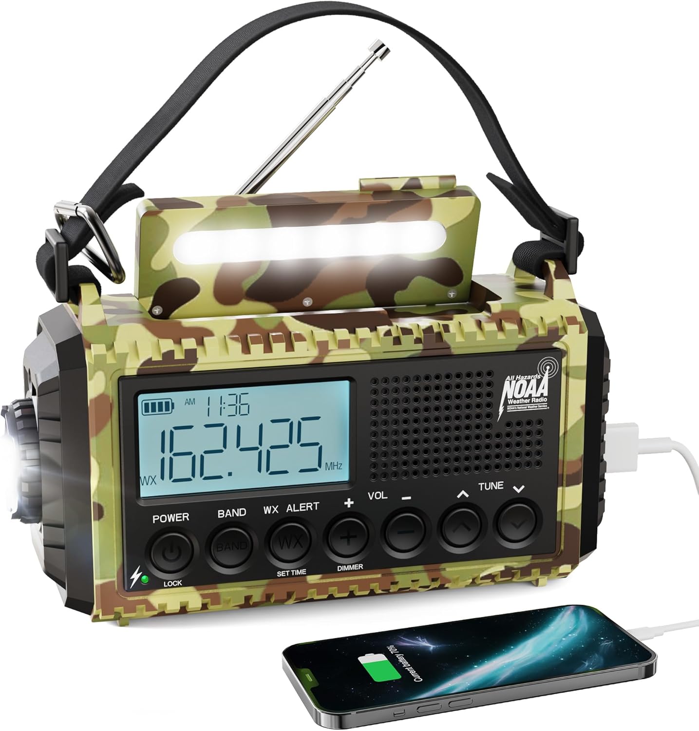 Raynic Weather Radio, Solar Hand Crank Emergency Radio, 5 Ways Powered AM/FM/SW/NOAA Weather Alert Radio with Flashlight, Cell Phone Charger and SOS Siren for Power Outages (Camo-Green-LCD Display)