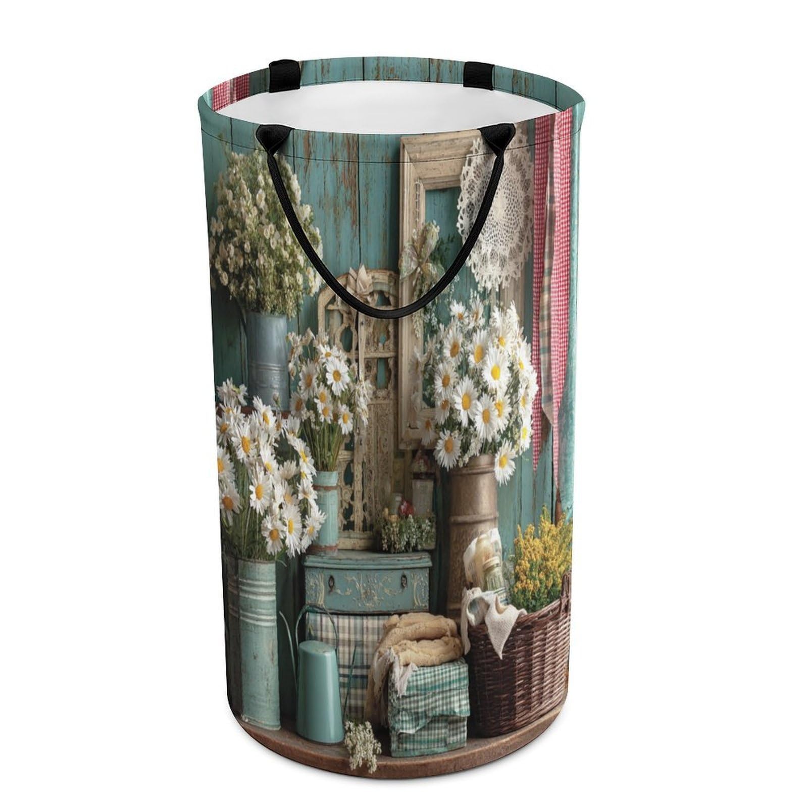 LUYYSKY Beautiful Classic Daisy Floral Versatile Storage Laundry Basket, Retro Realistic Country Farm Farmhouse Daisies Flowers Large Capacity Bathroom Hamper With Handle