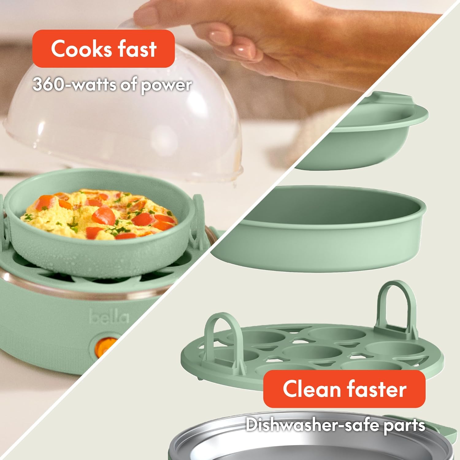 bella Electric Egg Cooker, 7 Eggs Capacity Tray, Single Stack, for Poached, Scrambled, Hard, Medium & Soft Boiled Eggs, Omelets and Steamed Dumplings, Auto Shutoff, 360 Watt, Seaglass