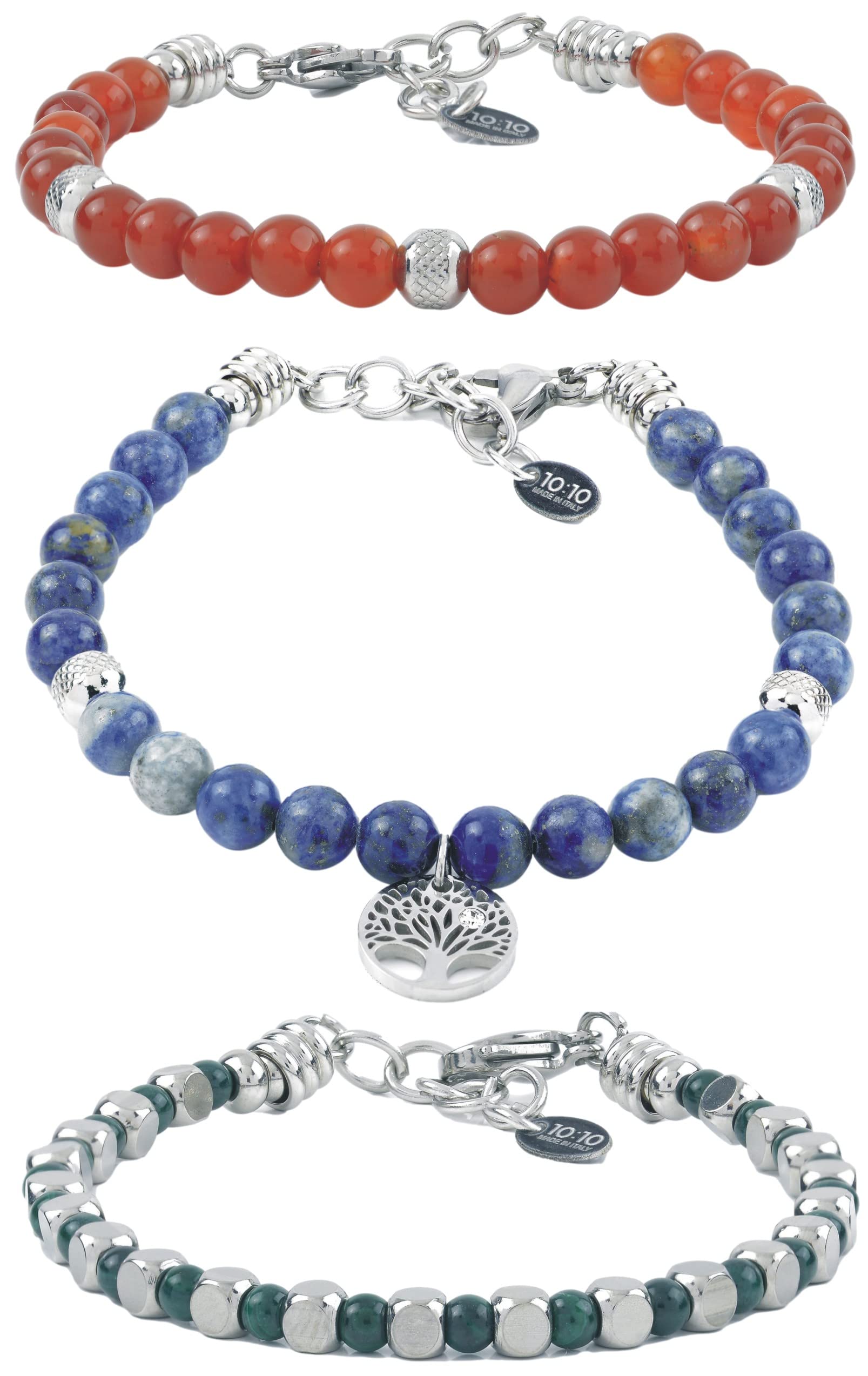 10:10 Set von 3 Edelstahl Armbänder und natürliche harte Steine, Herren Damen Armbänder bunte Perlen verstellbare Armbänder sehr langlebig Made In Italy…, Edelstahl Stein