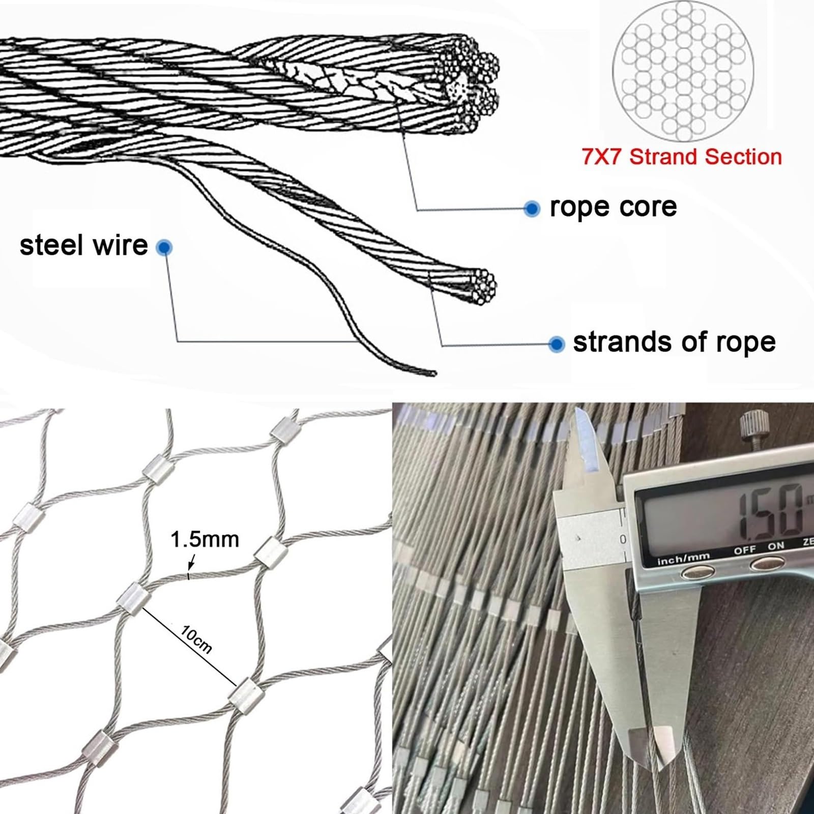 304 Malla de Cuerda de Acero Inoxidable,Valla Metálica para Terrazas,Red de Seguridad para Balcones,Flexible Cable de Malla de Acero Inoxidable,vallas metalicas，malla metalica，malla ganadera(Wire diam