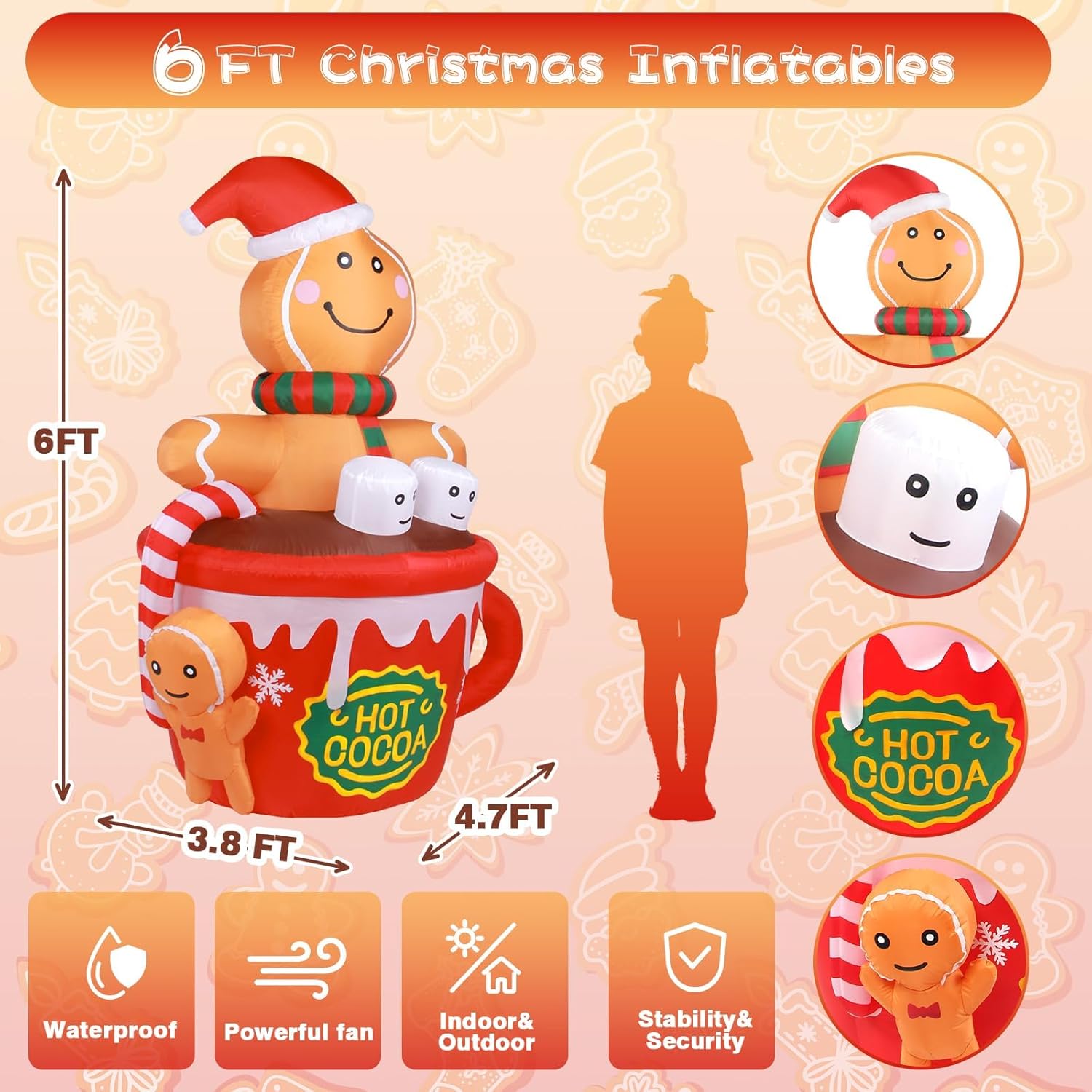 Christmas Inflatables Outdoor Decorations 6FT Gingerbread Man in Hot Cocoa Cup Blow up Xmas Yard Decoration with Led Lighted Inflatable Décor for Indoor Outside Holiday Party Garden Lawn