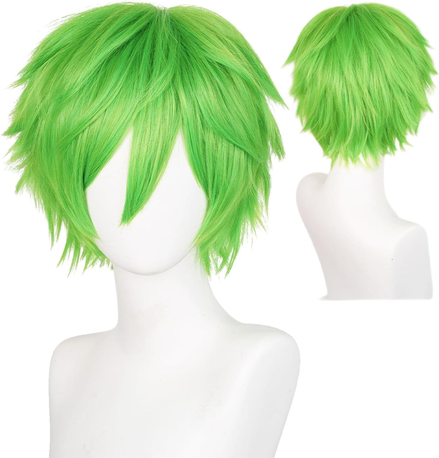 Alacos Short Green Layered Anime Cosplay Wig St.Patrick's Day Halloween Christmas Carnival Dress Up Pretend Play Party Wig+Cap (Green)
