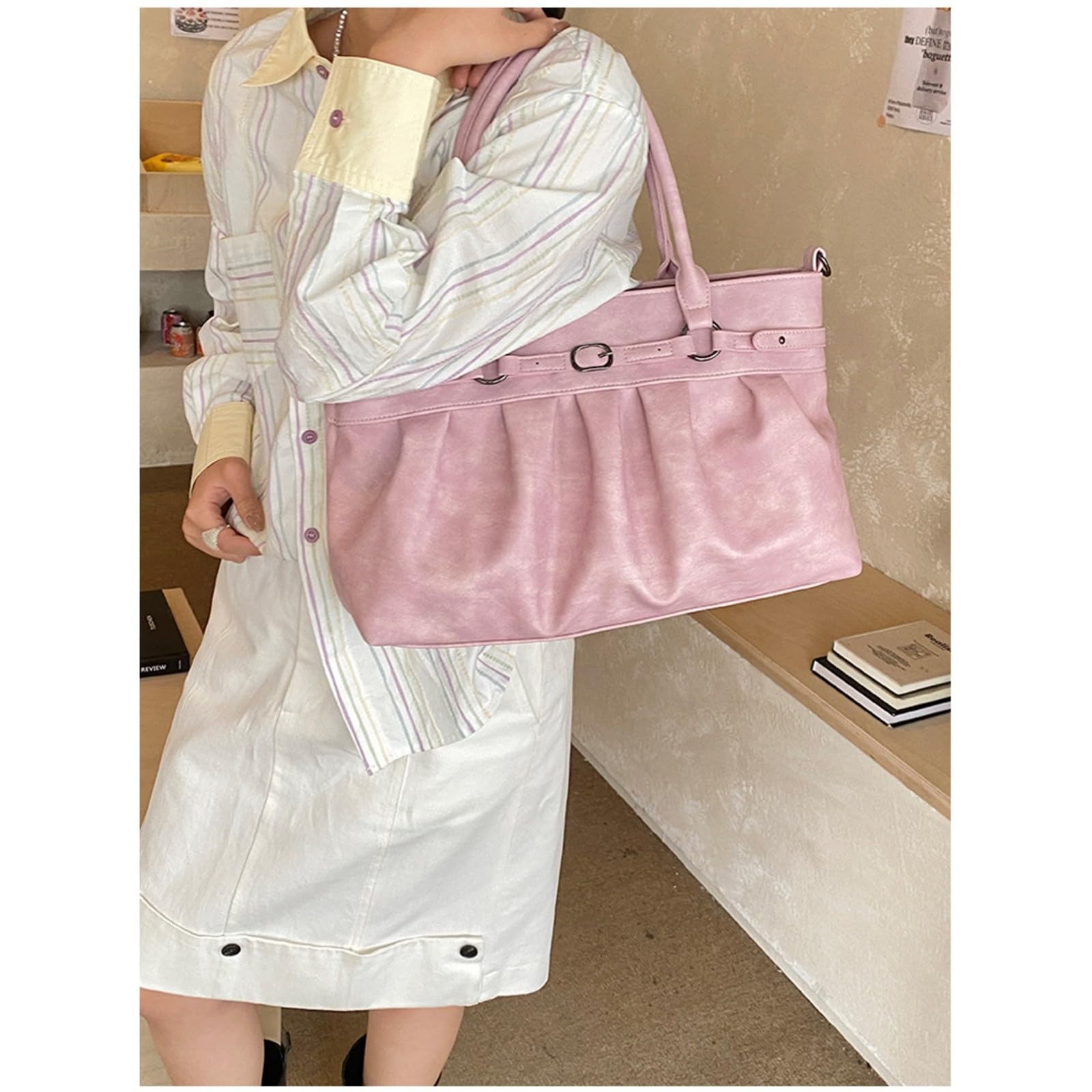 LKSCY - Bolso de mano de piel sintética fruncida para mujer: bolso de hombro de gran capacidad con hebilla de metal y cremallera superior para el trabajo y uso diario