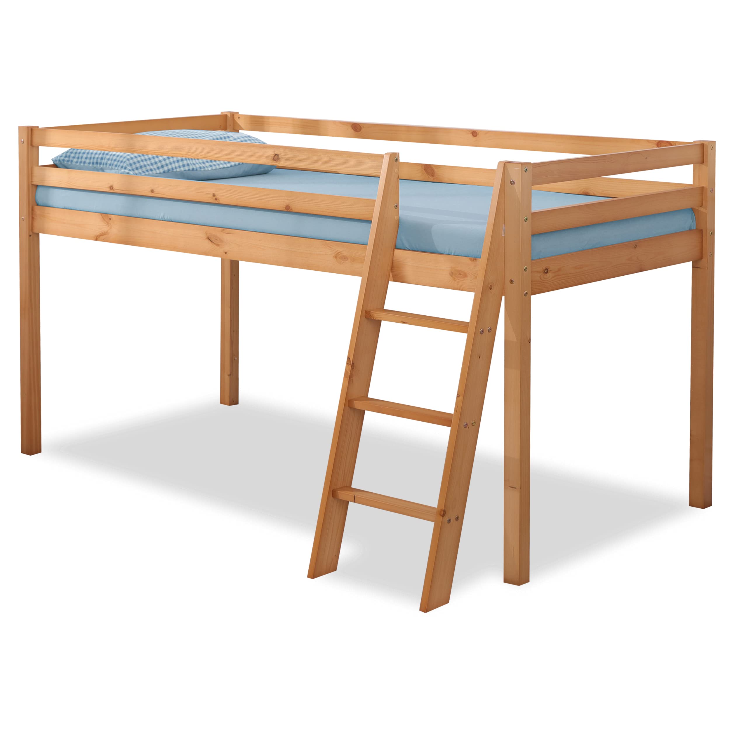 3ft Single Bunk Bed, Solid Pine Wood Kids Cabin Bed Mid Sleeper Single Bed Frame with Stairs, Wooden Bunk Beds, Loft Sleeper Bed Frame Kids Children, Pine