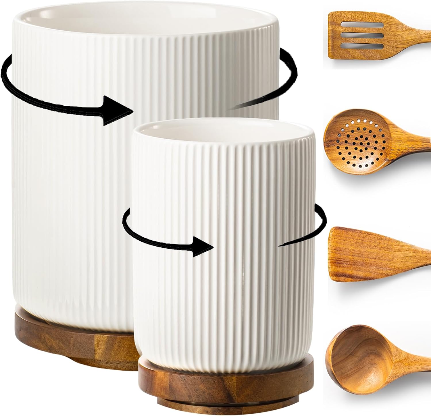 getstar Large Rotating Utensil Holder for Kitchen Counter,7.9"+6" Ceramic Utensils Crocks Set for Countertop Large & Small Utensil Organizer for Spatula Farmhouse Kitchen Decor