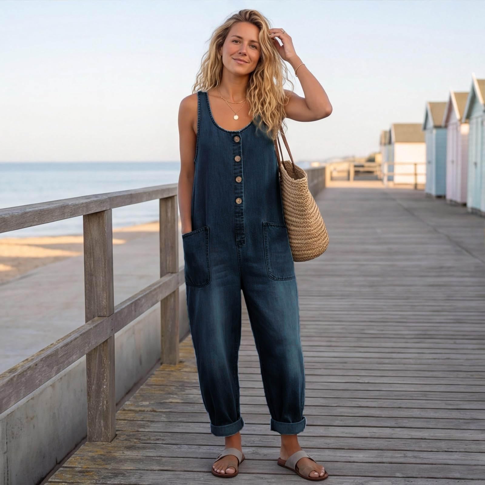 Generico Salopette Donna Jeans Lunga Estivo Elegante Salopette Lunga Donna a Gamba Larga Dritta con Bottoni Pantaloni con Bretelle Eleganti Comodi per Lavoro Informale e Uscite Mare Vacanza Comoda