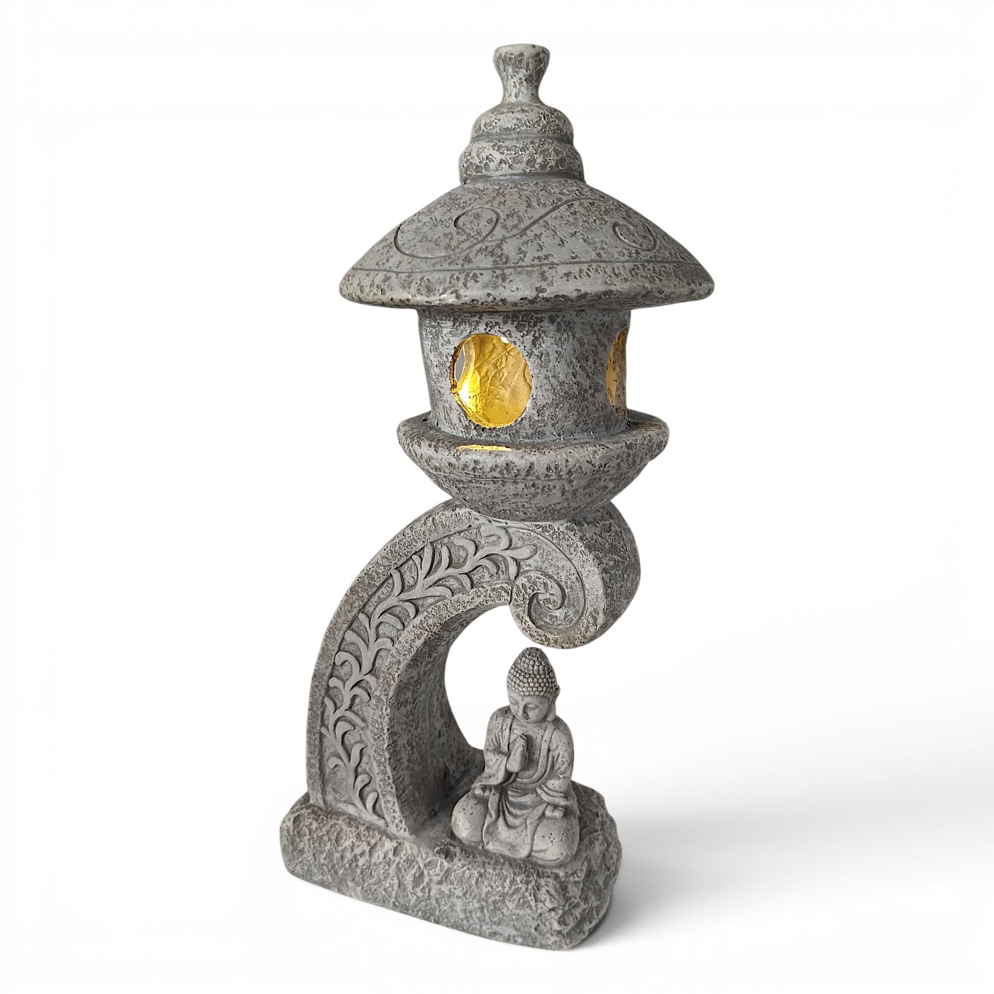 Arnusa Lampe solaire de jardin pagode 60 cm - Lampe de jardin LED aspect pierre avec Bouddha - Blanc chaud - Lanterne solaire pour jardin, terrasse et étang