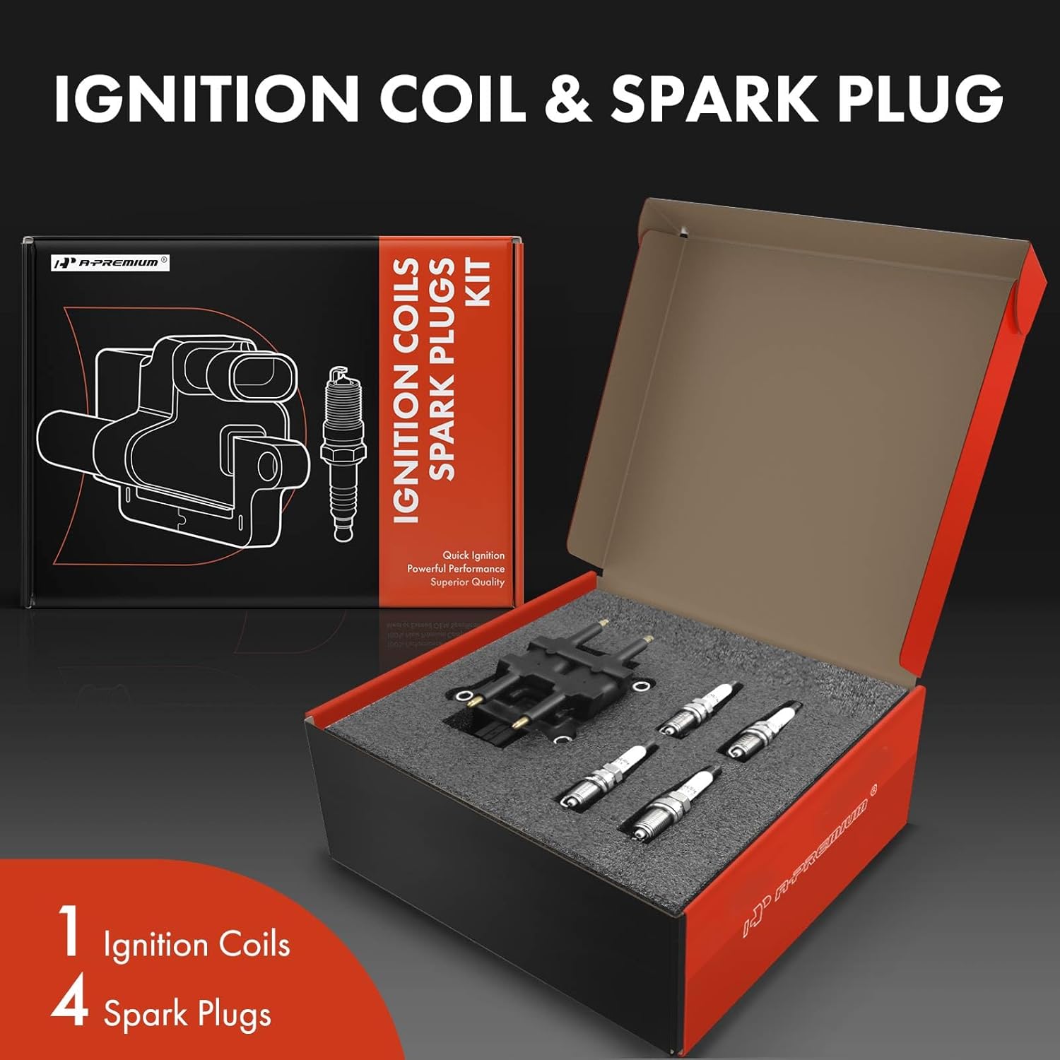 A-Premium 1x Ignition Coil Pack and 4x Iridium Spark Plugs Compatible with Subaru Impreza 1997-1998, Legacy 1997-1999, 2.2L