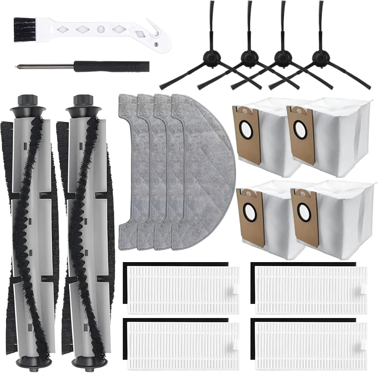 Q6 Pro Accessories Kit for HONITURE Q6 Pro, AIRROBO T10+, Neabot N2 Robot Vacuum Replacement Parts, 2 Main Brush, 4 Side Brush, 4 Hepa Filter, 4 Mop Pad, 4 Dust Bag, Screwdriver + cleaning brush