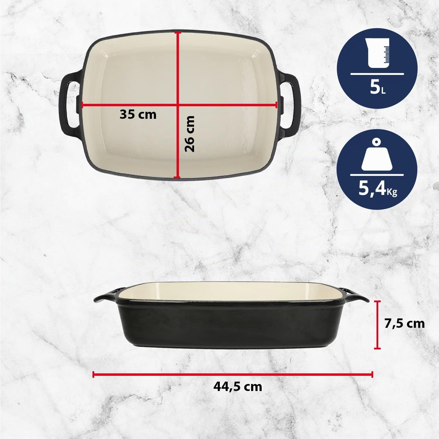 MEISTERKOCH Bräter aus Gusseisen in Schwarz/Creme, 44,5 x 27 cm, 5 Liter Volumen, Induktion, spülmaschinengeeignet, handliche Griffe, auch für Elektroherd, Glaskeramik-Herd und Gasherd