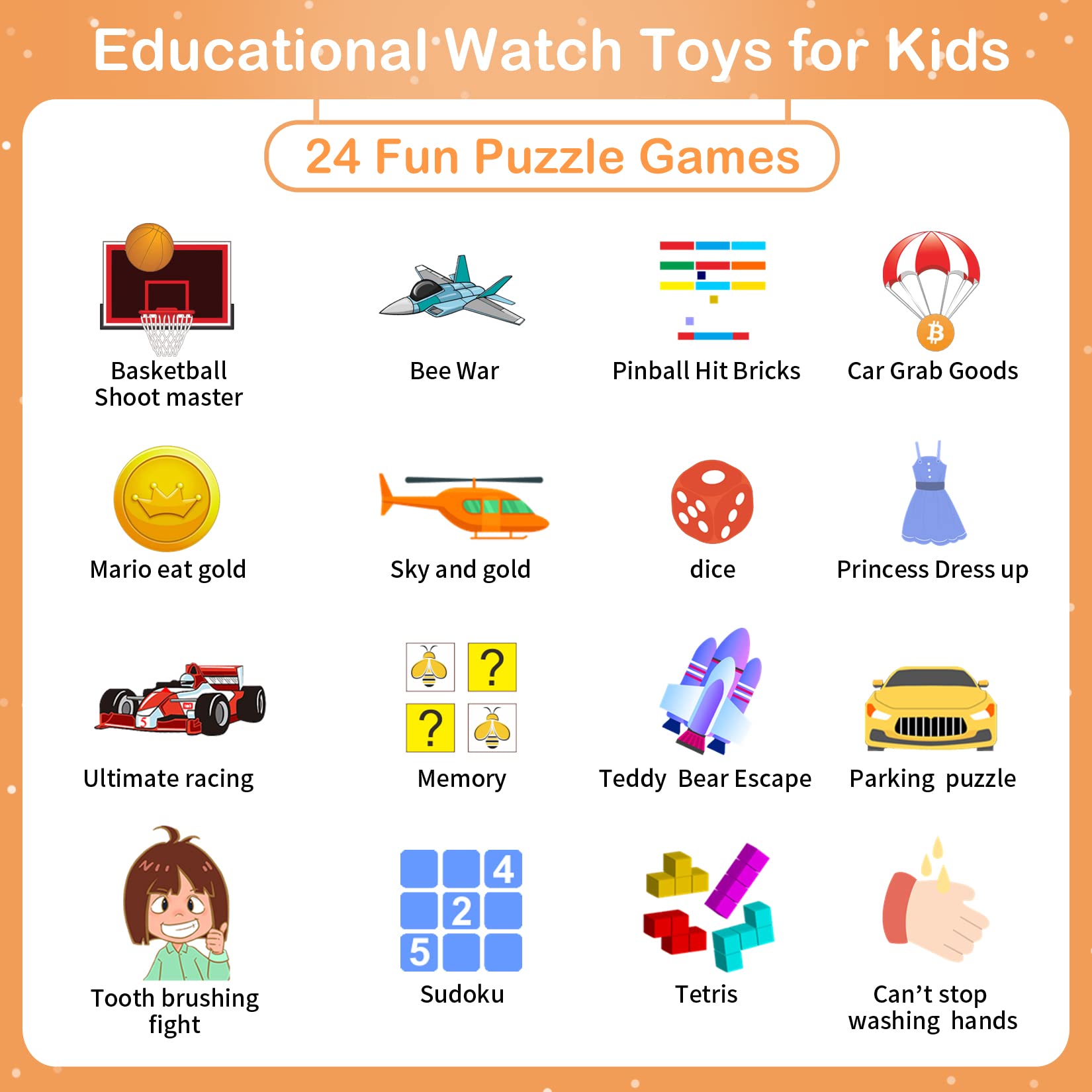 Reloj inteligente para niños con 24 juegos de rompecabezas, cámara, grabadora de vídeo, alarma musical, calculadora, calendario, linterna, podómetro, regalo de cumpleaños para niños y niñas de 3 a 12