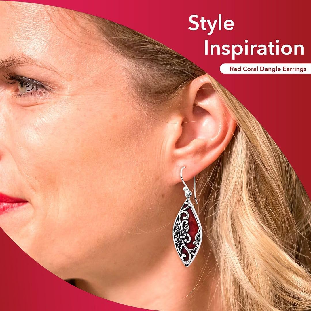Red Coral Dangle Earrings for Women in 925 Sterling Silver - Dangling Drop Coral Earrings Handmade Birthstone Vintage Boho Jewelry Birthday Gifts for Women - Image 5