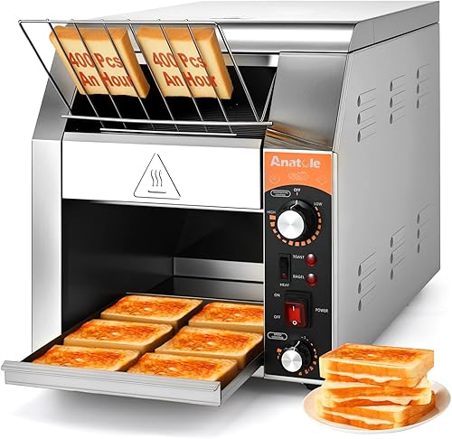 Anatole Tostadora con transportador comercial, 400 rebanadashora, horno tostador eléctrico de acero inoxidable resistente 1700 W para panecillo