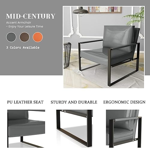 Miniatura 5 de Recaceik Sillas decorativas de cuero, sillón moderno de mediados de siglo con cojín ergonómico extragrande, marco de metal resistente, alfombrillas