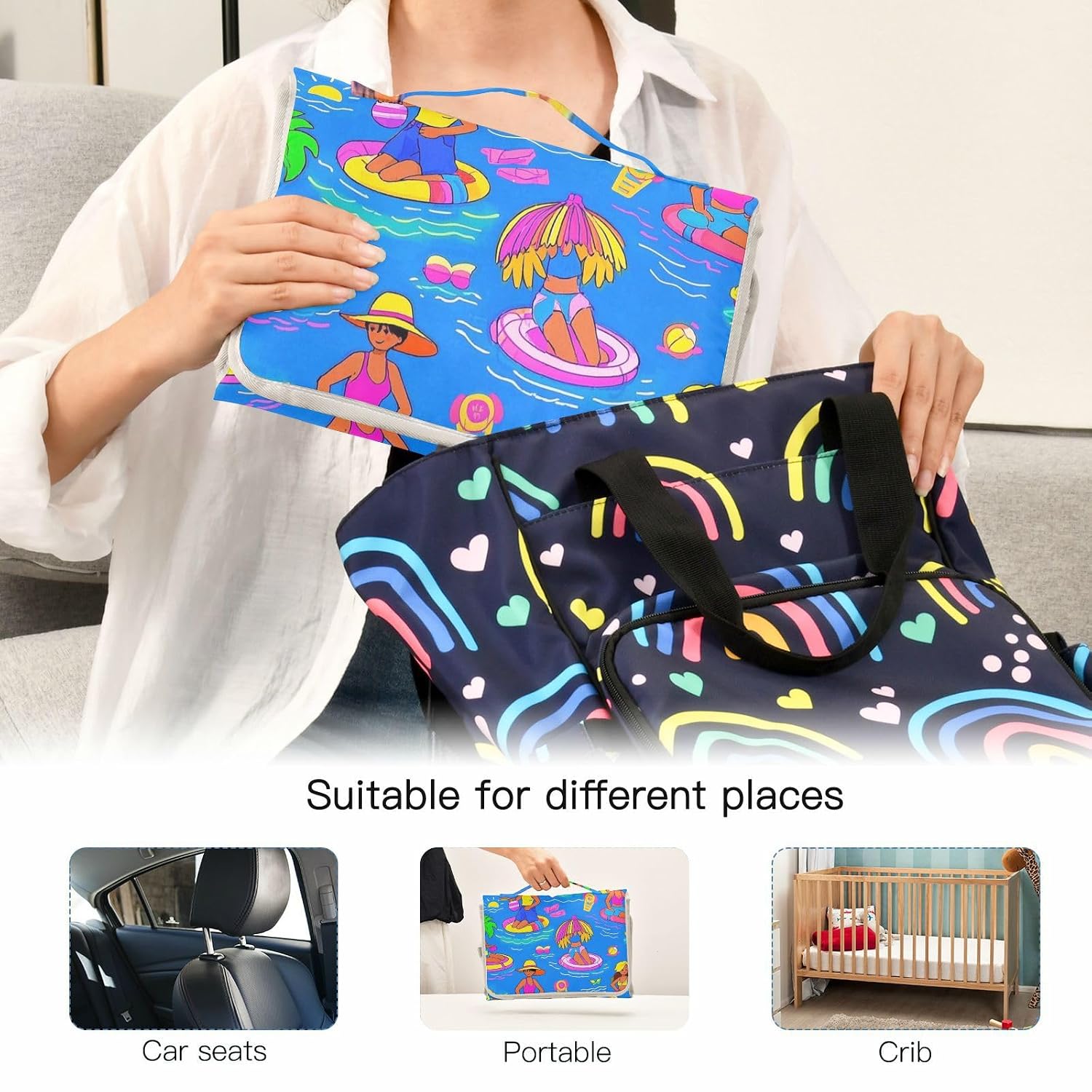 Blue Beach Party Cartoon Summer Reusable Diaper Changing Pads with Tissue Pocket Diaper Changing pad Portable for Moms, Dads cambiadores de pa?ales para Bebes
