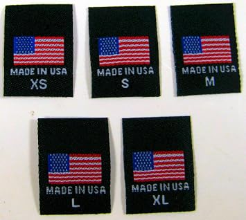250 PCS Black Woven Clothing Sewing Garment Labels Size TAG - Made in USA American Flag - XS, S, M, L, XL 50pcs Each