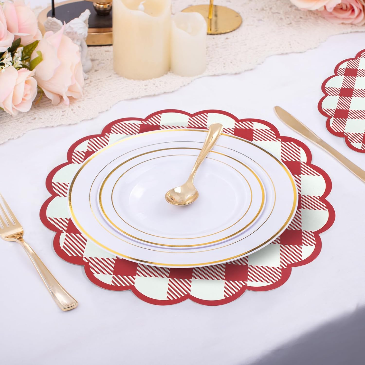 Red Checkered Paper Placemats 13.5 Inch Scalloped Round Disposable Gingham Place Mats, Waterproof Decorative Table Mats for Baby Shower Outdoor Picnic BBQ Birthday Tea Party