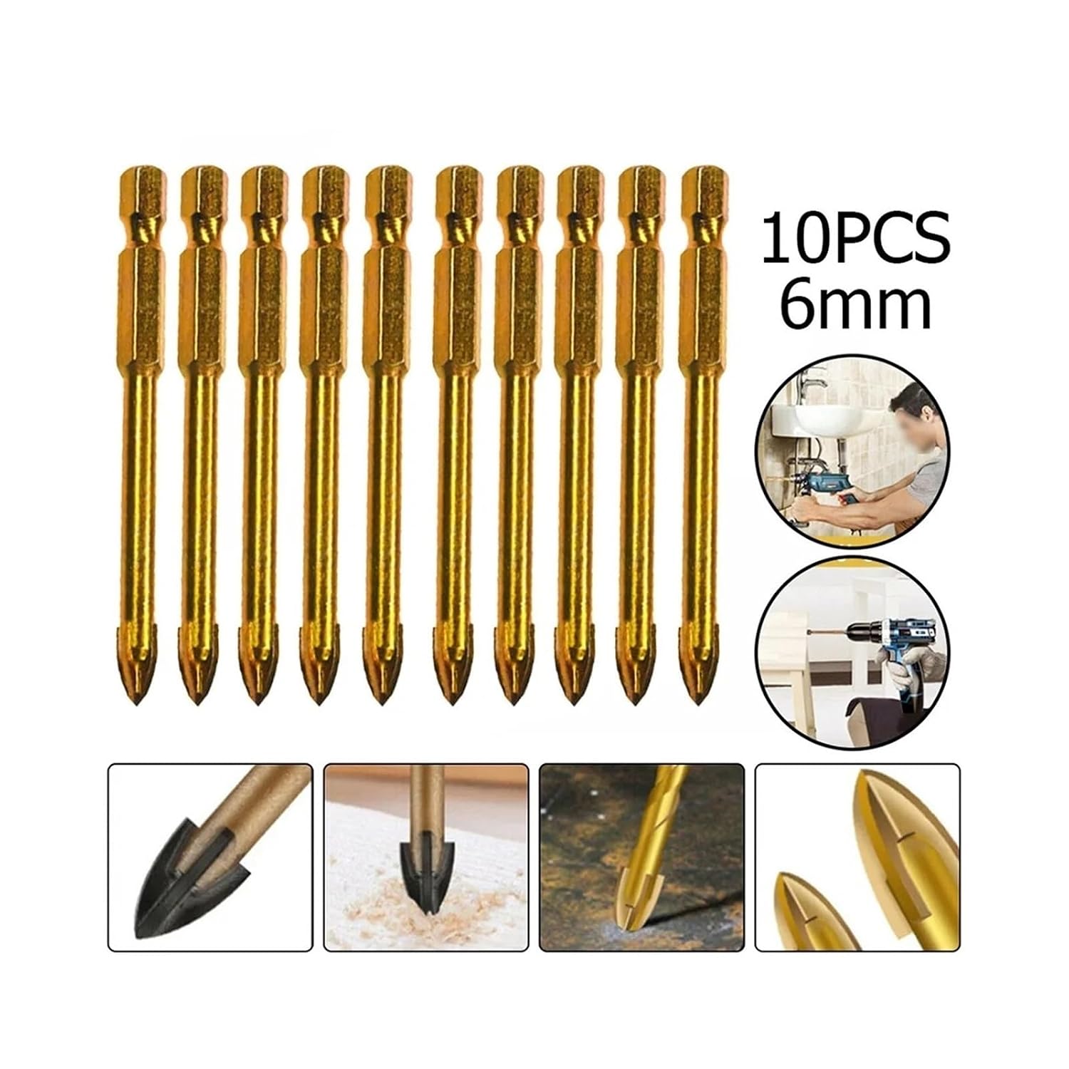 10pcs 6mm Ceramic Tile Marble Glass Drill Bits Spear Head Hex Shank Workshop Equipment Power Tools Parts Drill Bits