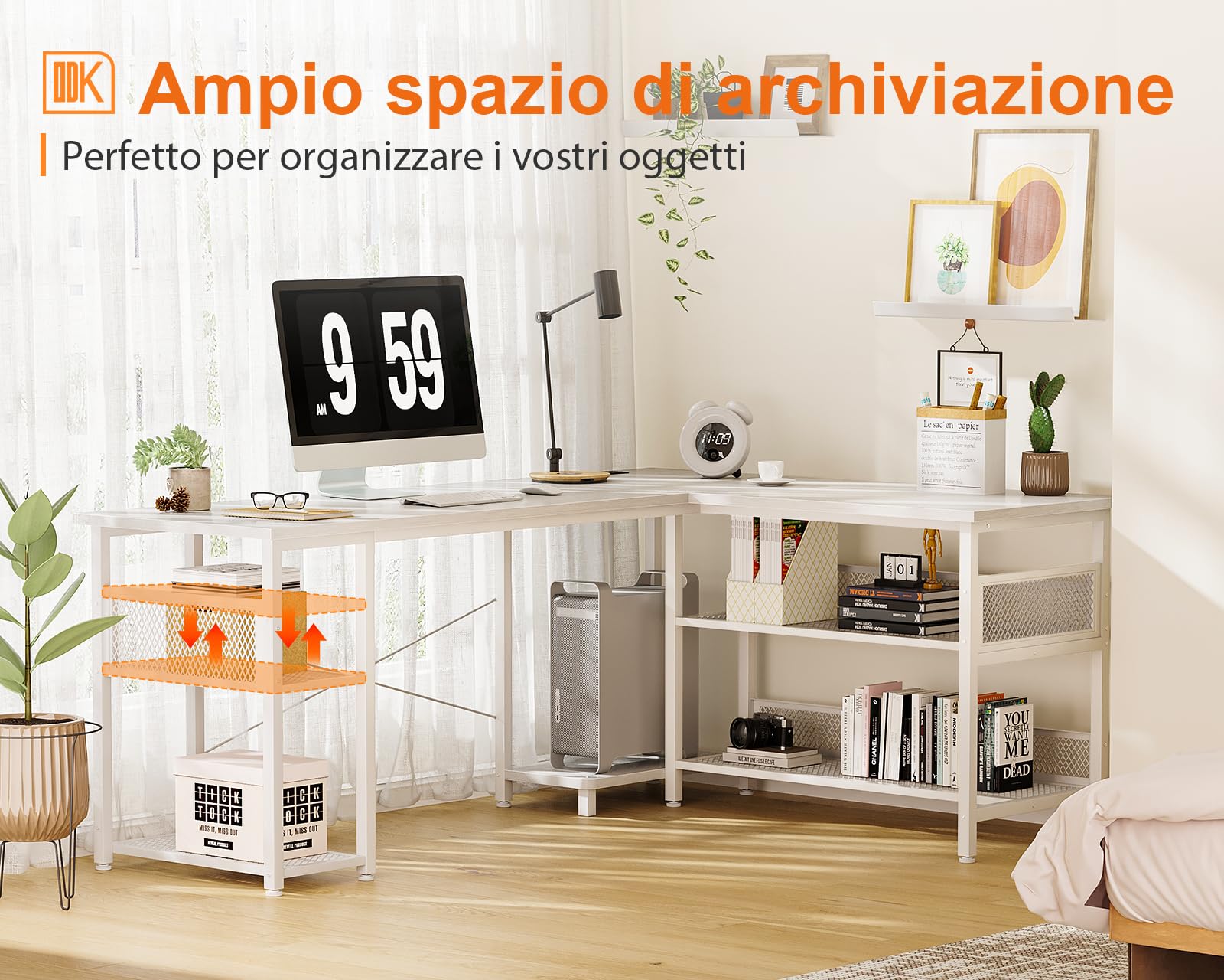 ODK Scrivania Gaming ad L con Design Reversibile, Scrivania con Ampio Spazio di Archiviazione, Scrivania ad Angolo con 2 Prese e 2 Porte USB, Bianco, 150×102 cm