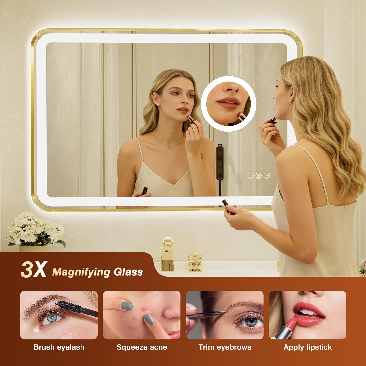 24x36 Inch Gold Framed LED Bathroom Mirror with Lights,Magnifying Tempered Glass,Dimmable Lighted Bathroom Vanity Mirror with 3 Colors, Backlit + Frontlit, Anti-Fog