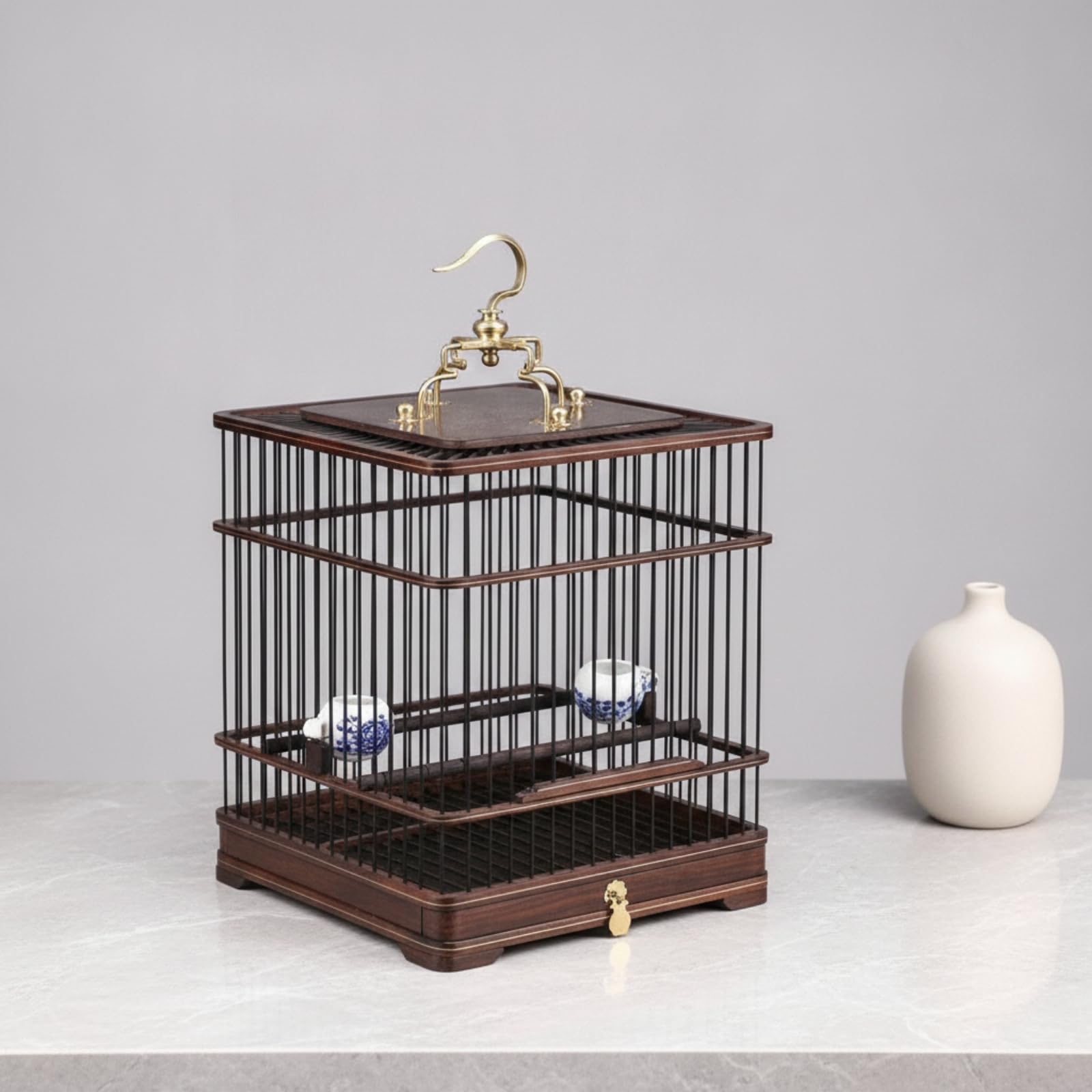 Vogelkäfig mit Kotschublade leicht zu reinigen traditionell für Wohnzimmer, Tisch, 26 26 39CM, Vierkant-Vogelkäfig Aus Lila Sandelholz