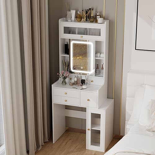 Miniatura 7 de ARTETHYS Juego de mesa de tocador de maquillaje con 3 taburetes acolchados de espejo iluminado, escritorio de tocador con cajón grande marco de