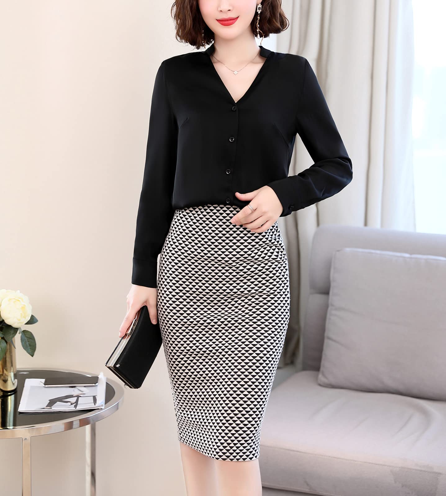Valin Blusa de seda para mujer Camisa Sólido Botón Abajo Camisas Blusa de Manga Larga Cuello en V Blusa de Seda,S1902
