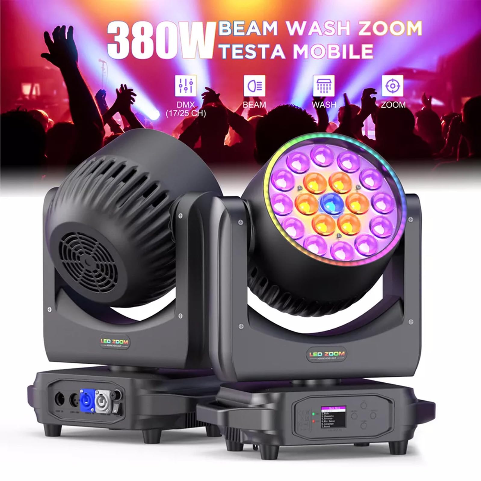 19x20W Zoom Moving Head Bühnenlicht RGBW DMX Beam Wash für DJ Disco Party mit 10°-60° Zoomwinkel,21/29CH DMX512,540°/270° Rotation,0-100% Dimmer,Strobe,LCD Display,EU Stecker