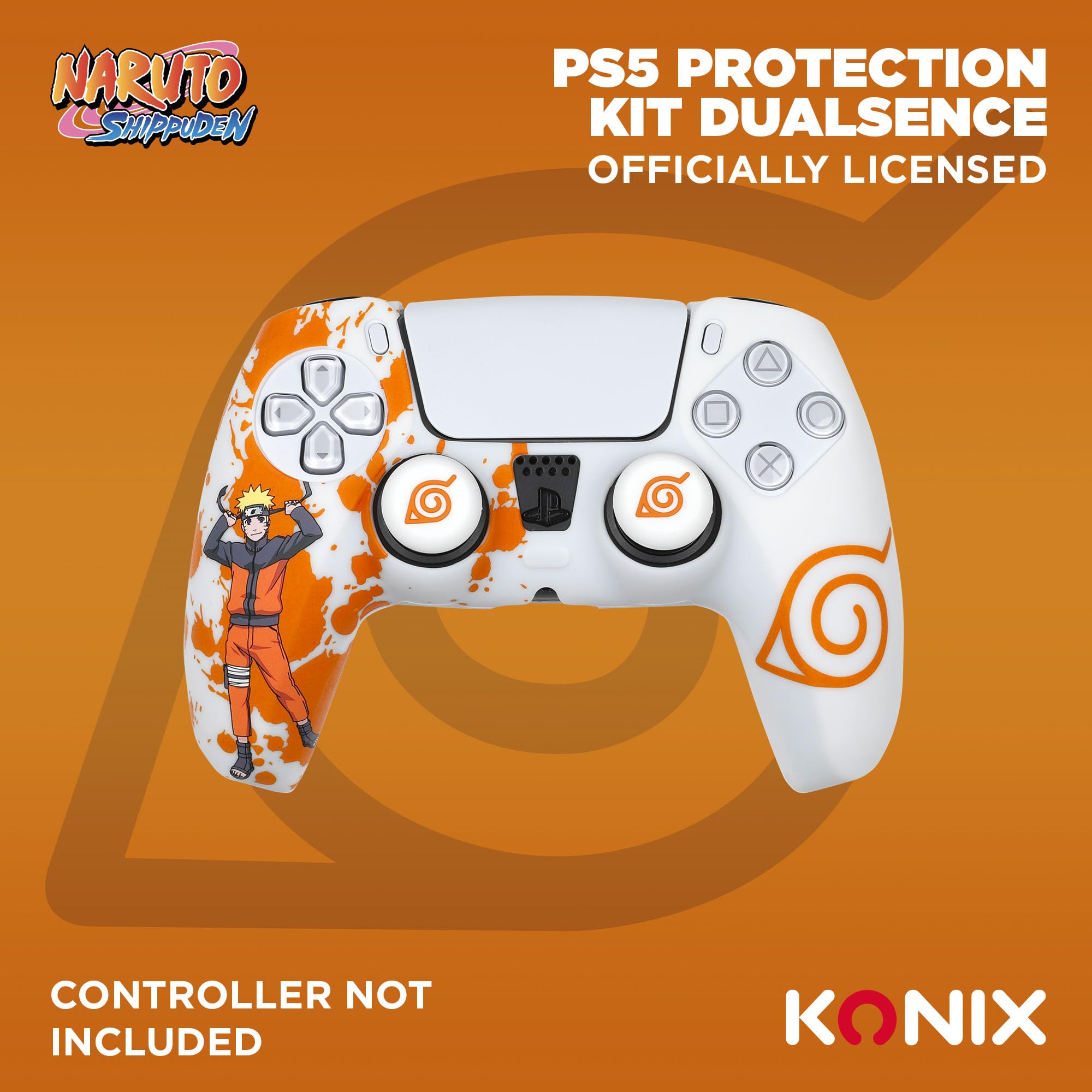 Konix Naruto Shippuden Caracasa Protectora para Mando DualSense de PS5 - Silicona - Apoyos para Pulgares - Diseño Konoha, Naruto - Blanco