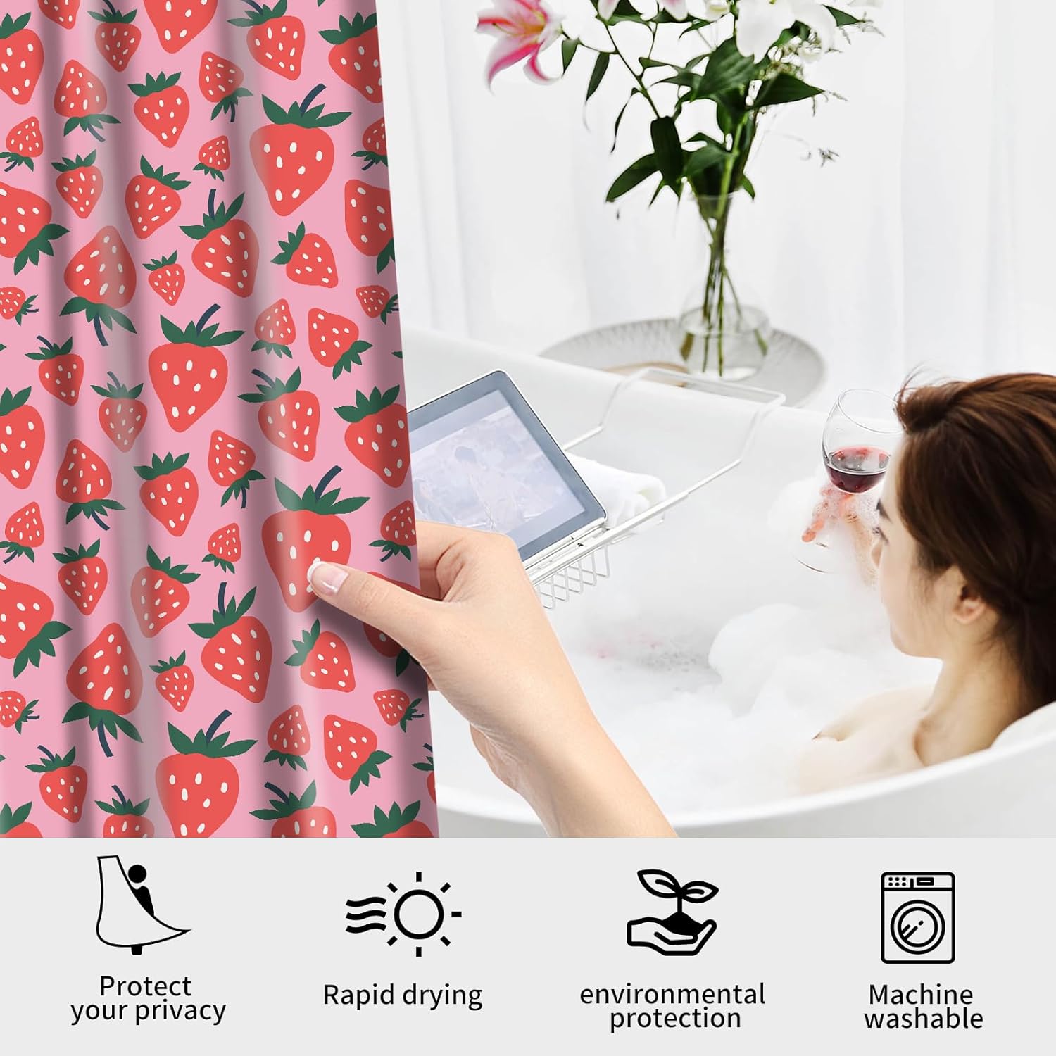 Shower Curtain for Bathroom, Cute Shower Curtain Sets with 12 Hooks, Waterproof Fabric Bath Curtain for Home, 72Wx72H Pink Cute Strawberry