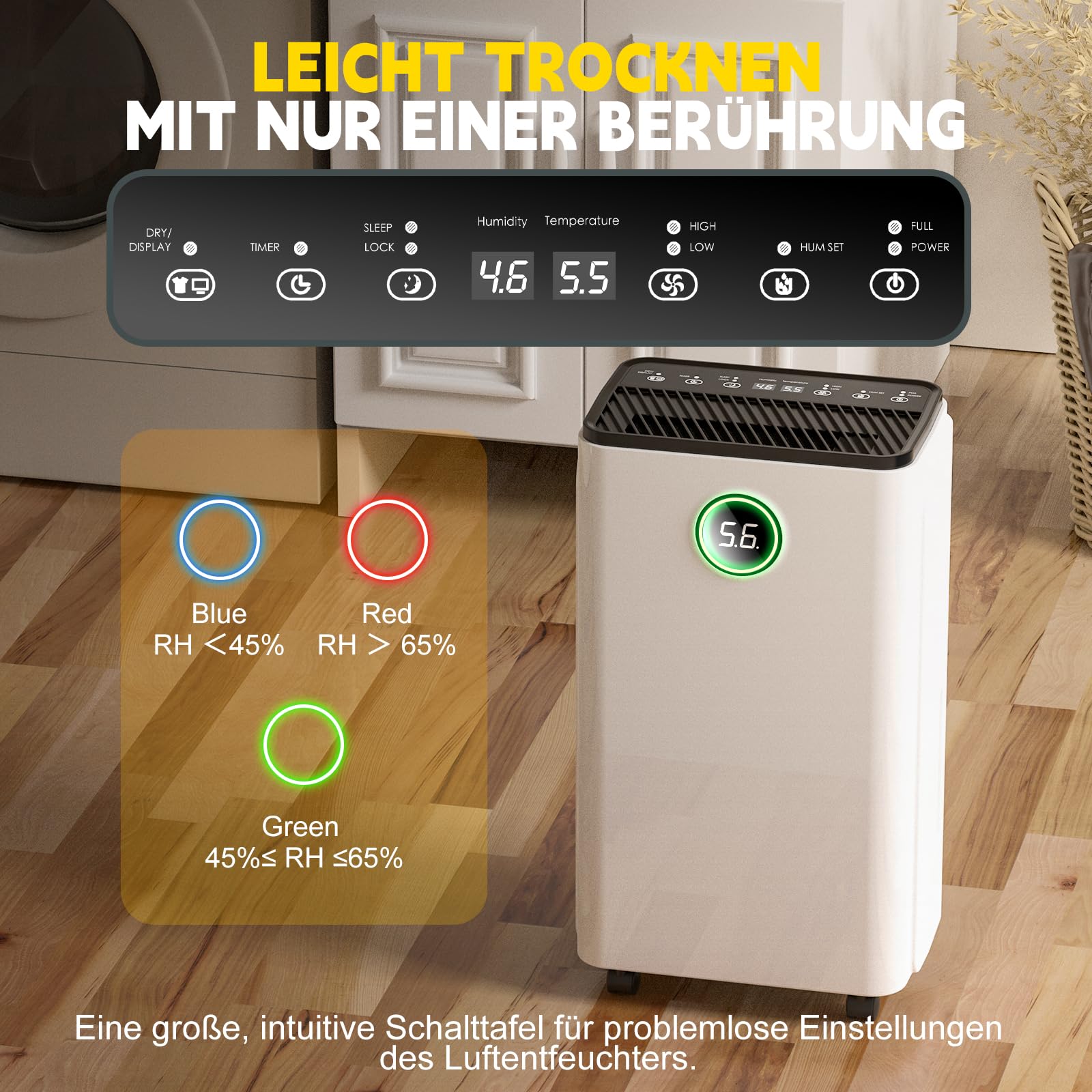 Osuszacz powietrza 12 l/dzień, automatyczne osuszanie, włączanie/wyłączanie timera 24h, ciągły drenaż, wydajny osuszacz pokojowy z wyświetlaczem LED i sterowaniem, ochrona przed wilgocią