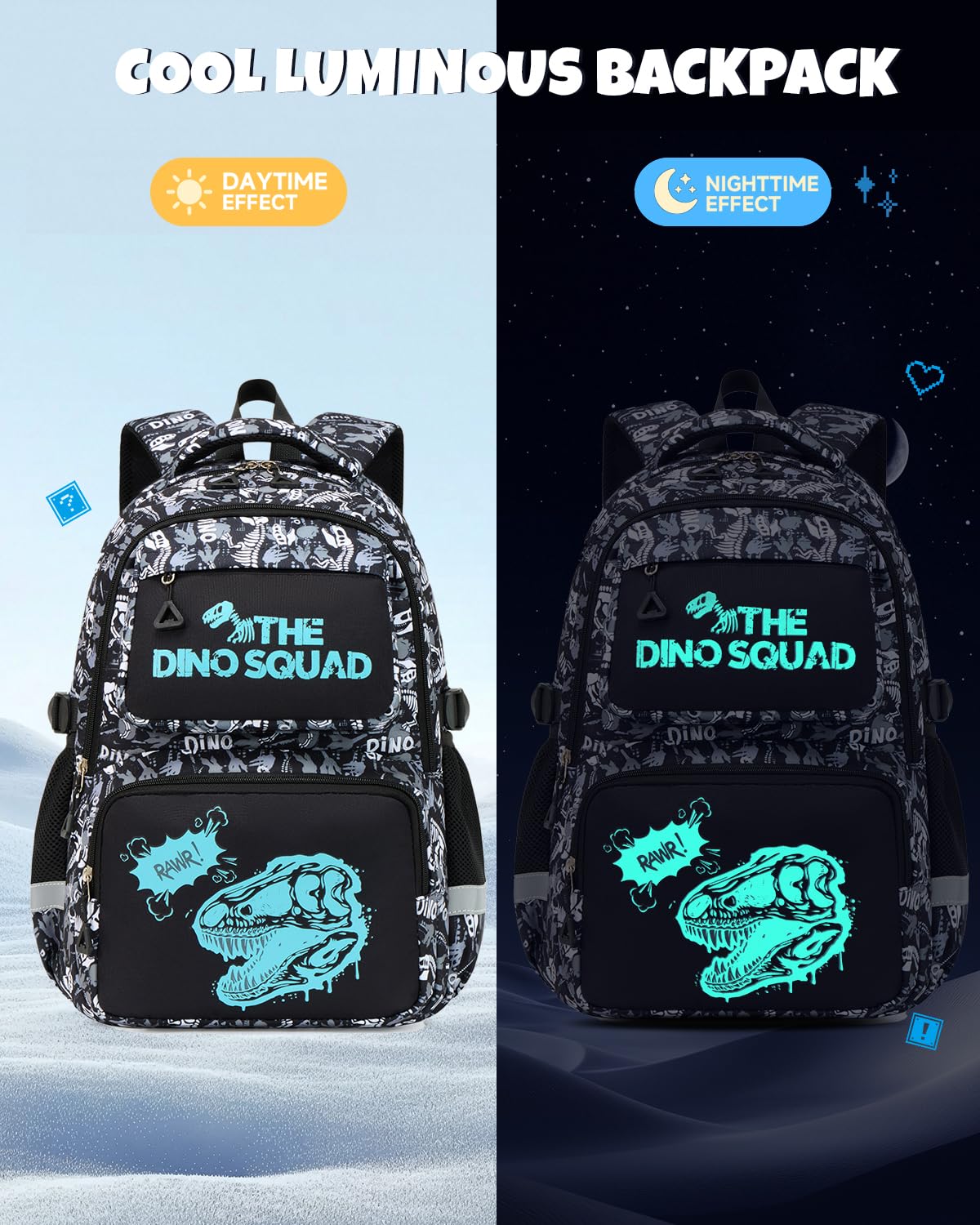 Amythe Mochila Escolar Niño Adolescente Fluorescente, Mochila para Niños con Hebilla en el Pecho 6 a 10 Años, Mochilas Escolares Grande Resistente y Ligera, Dinosaurio