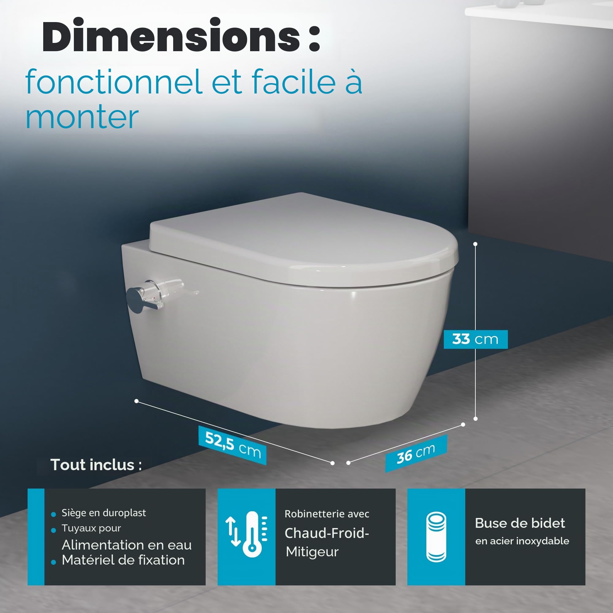 SSWW WC Taharet - Avec Robinetterie et siège amovible Softclose | Douche WC suspendu | WC avec fonction bidet | Hygiénique | Alpha sans bord | 540 x 360 x 330 mm