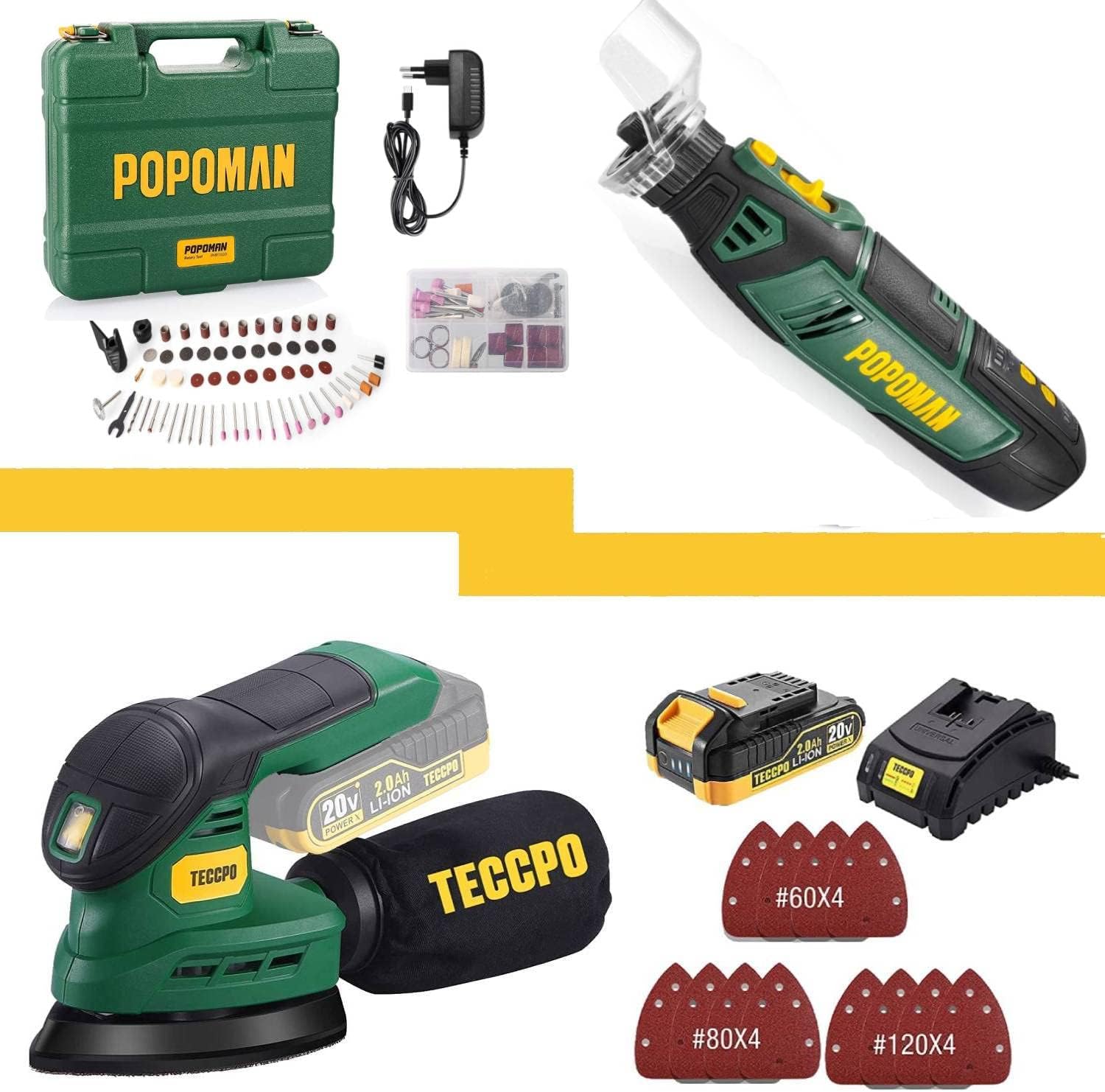 Cordless Rotary Tool Kit + Cordless Detail Sander, 8V 2.0Ah Battery, USB-C Cable Charger, 58pcs Accessories & 20V Sander with 12Pcs Sandpapers, 12000OPM, 2.0Ah Battery with Fast Charger, Dust Bag - - 