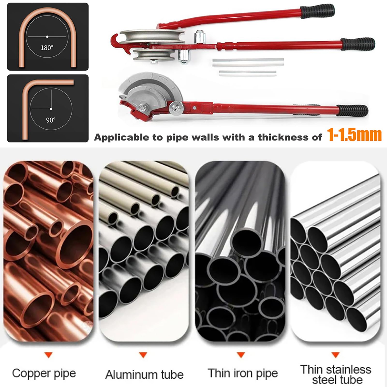 Piegatubi manuale per tubi in rame e alluminio da 15mm/22mm, 180° Utensili per piegare tubi HVAC e aria condizionata red