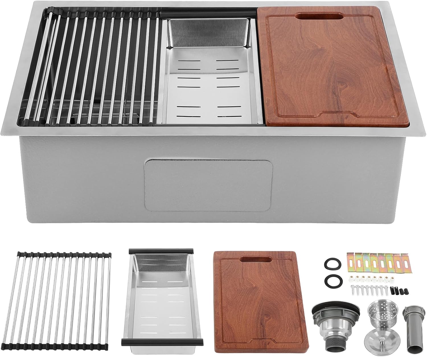 FAHKNS 33 Inch Undermount Stainless Steel Kitchen Sink 16 Gauge Topmount Single Bowl Sink Kit with Drain Assembly 33" x 19" x 10" Handmade Basin Brushed Kitchen Sink Basin Workstation