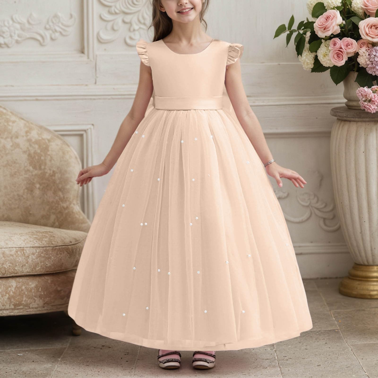Generico Gonna Tulle Bambina Tutu Ballerina Bambina Gonna Tutte Le Stagioni Lunga con Fiocco E Perline, Abito Formale per Compleanni E Gare di Bellezza