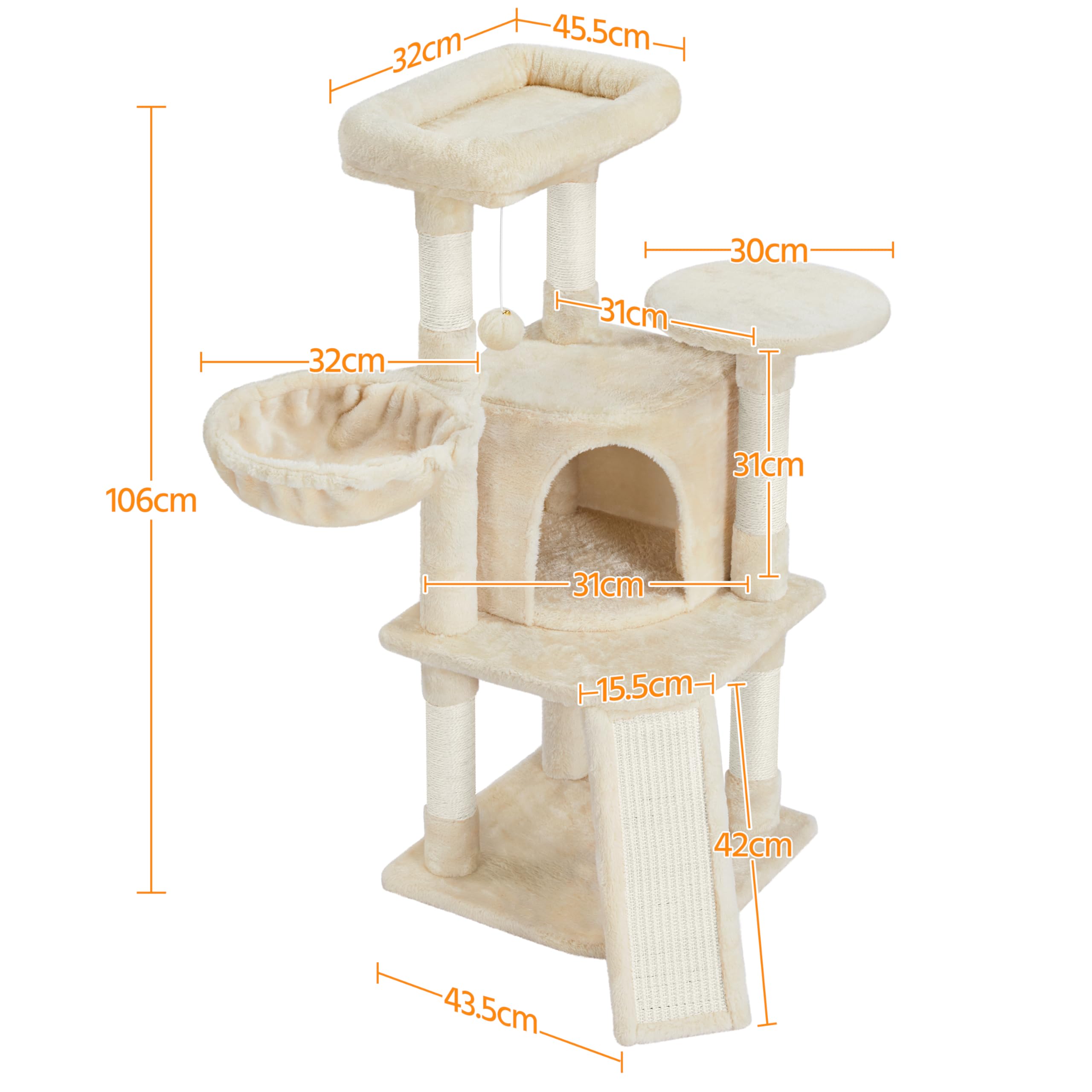 Tiragraffi per Gatti Alto 106 cm Albero per Gatti Multilivello in Peluche con 2 Trespoli 1 Grotta 1 Cestino 5 Pali in Sisal e 1 Pompon Beige