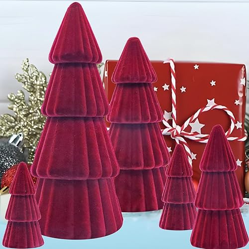 Miniatura 3 de Decoraciones de mesa de Navidad, juego de 5 árboles de Navidad de terciopelo flocado, modernos conos, centros de mesa para el hogar, mesa, mantel de