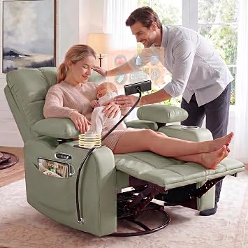 AILEEKISS Power Nursery Glider Recliner Rocking Chair w/Adjustable Armrests, Adjustable Armrest Backrest Headrest, Green Leather Reclining Nursing Living Room Chair for Breastfeeding Bedroom
